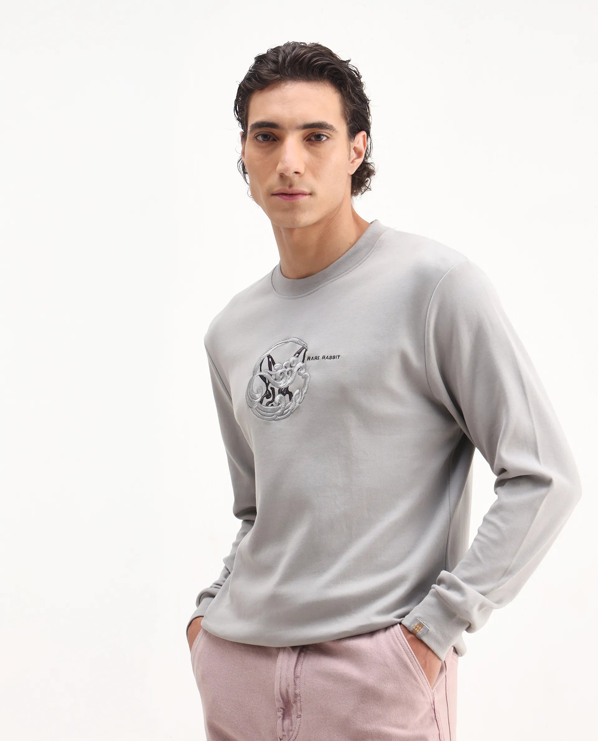 Rare Rabbit Men's Clos Light Grey Cotton Embroidered Regular Fit Full Sleeve Crew Neck Sweatshirt