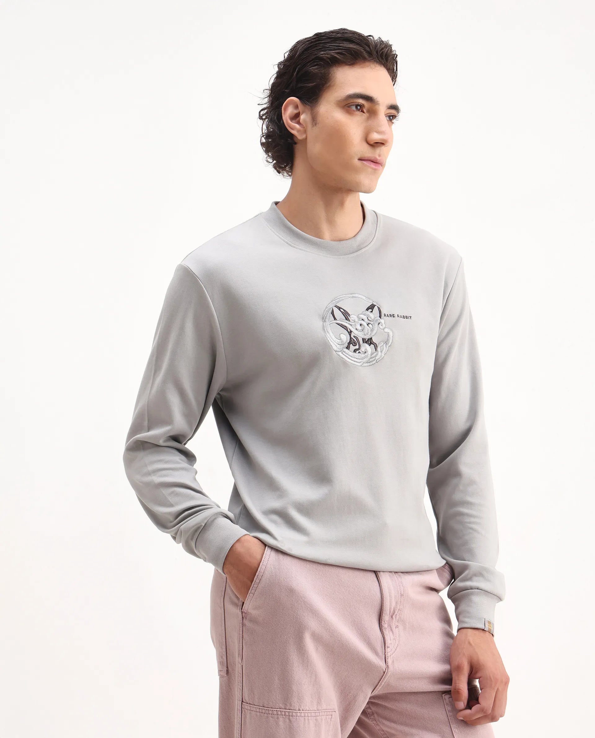 Rare Rabbit Men's Clos Light Grey Cotton Embroidered Regular Fit Full Sleeve Crew Neck Sweatshirt