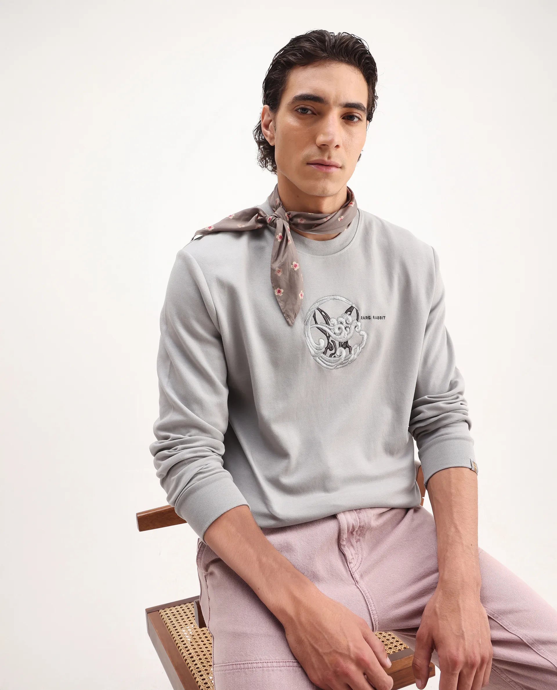 Rare Rabbit Men's Clos Light Grey Cotton Embroidered Regular Fit Full Sleeve Crew Neck Sweatshirt
