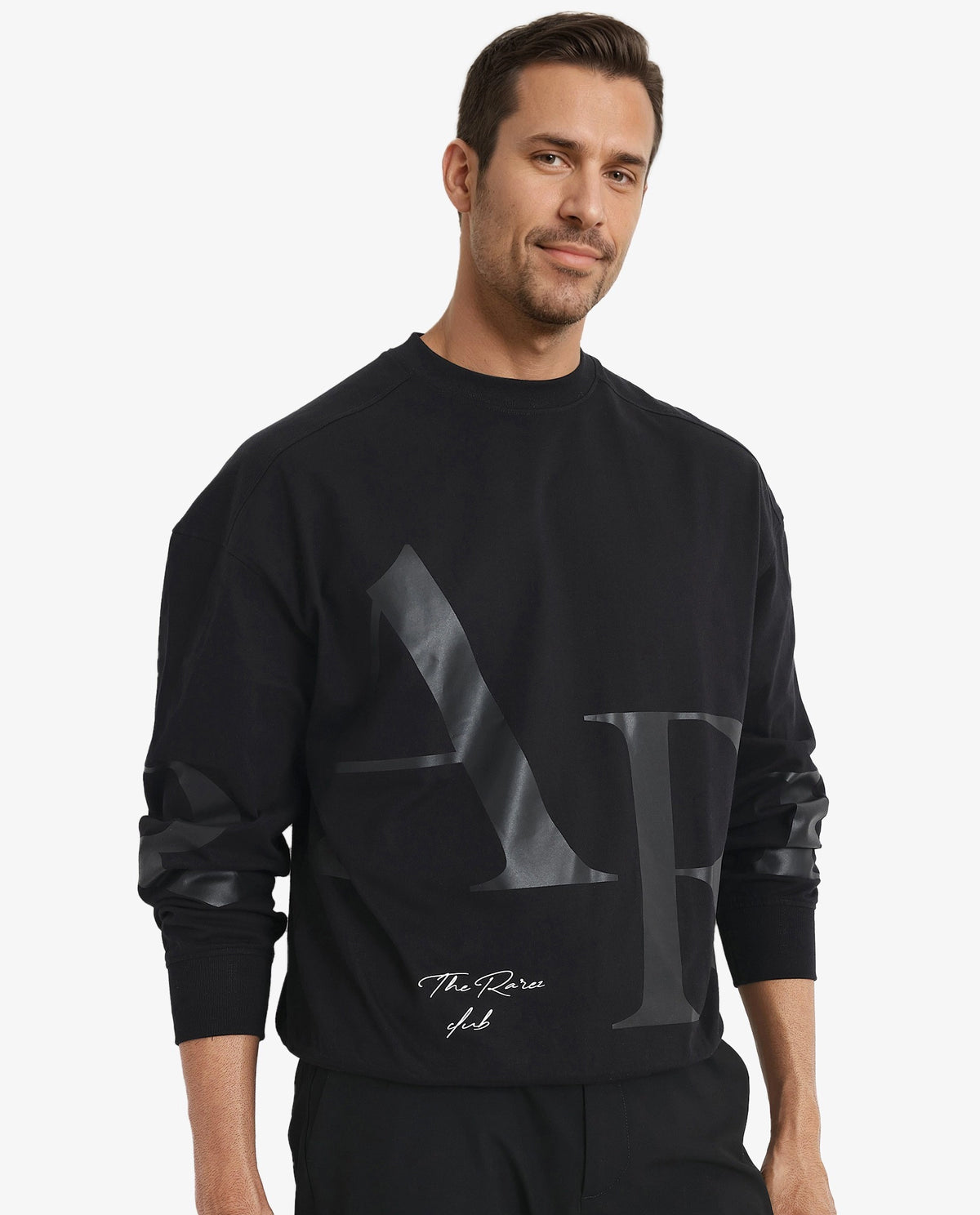 Rare Rabbit Men Cloven Black Full Sleeve Crew Neck Boxy Fit Overall Printed Sweatshirt