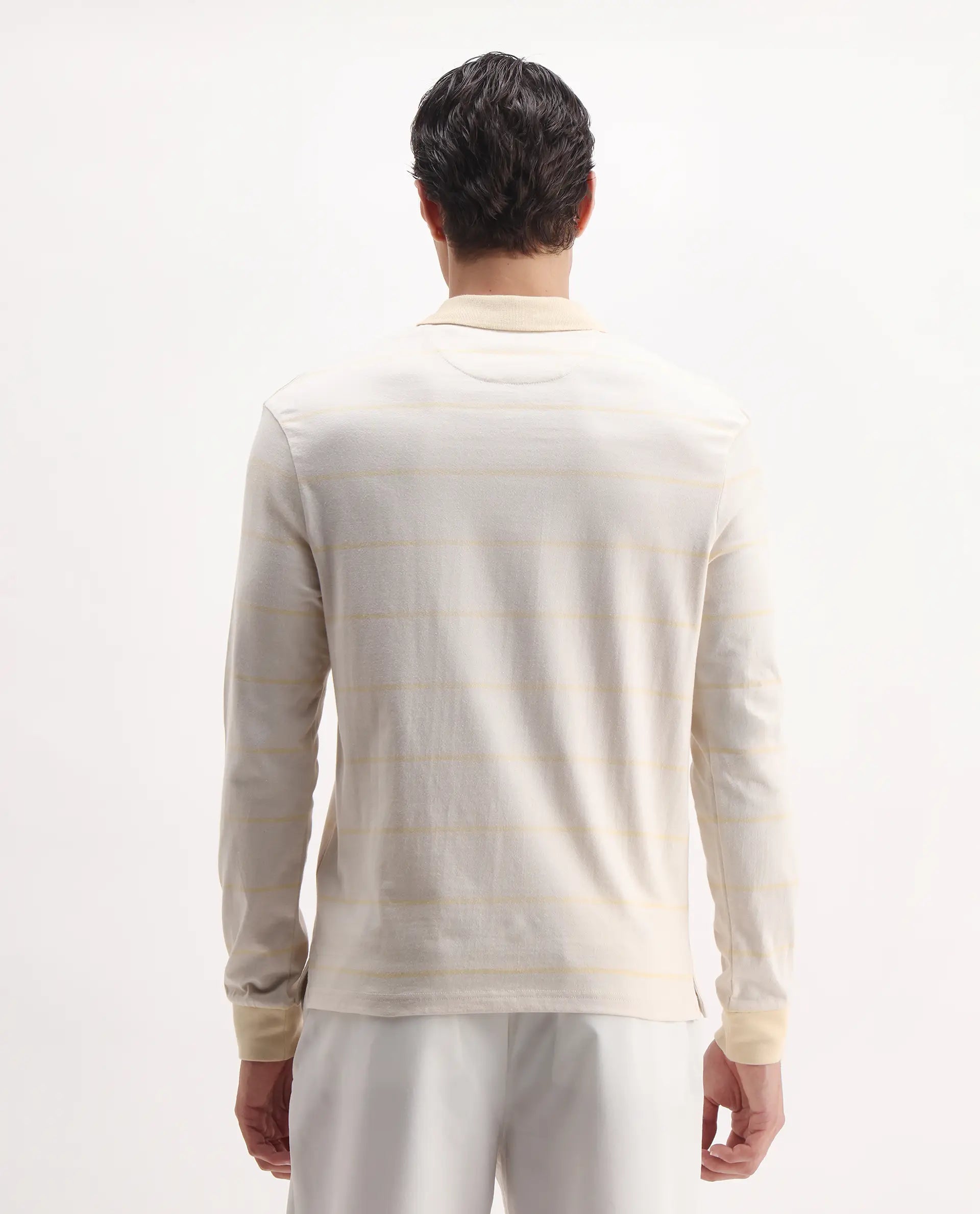 Rare Rabbit Men's Clove Off White Cotton Striped Print Regular Fit Full Sleeve Polo