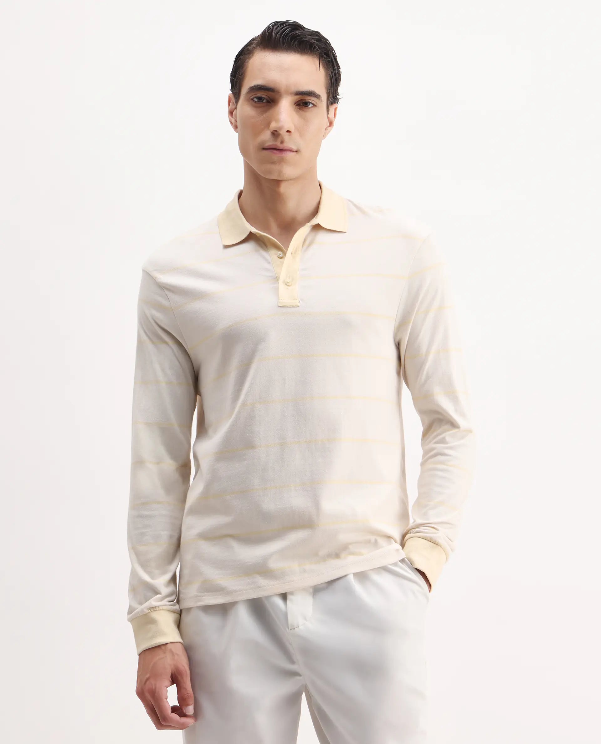 Rare Rabbit Men's Clove Off White Cotton Striped Print Regular Fit Full Sleeve Polo