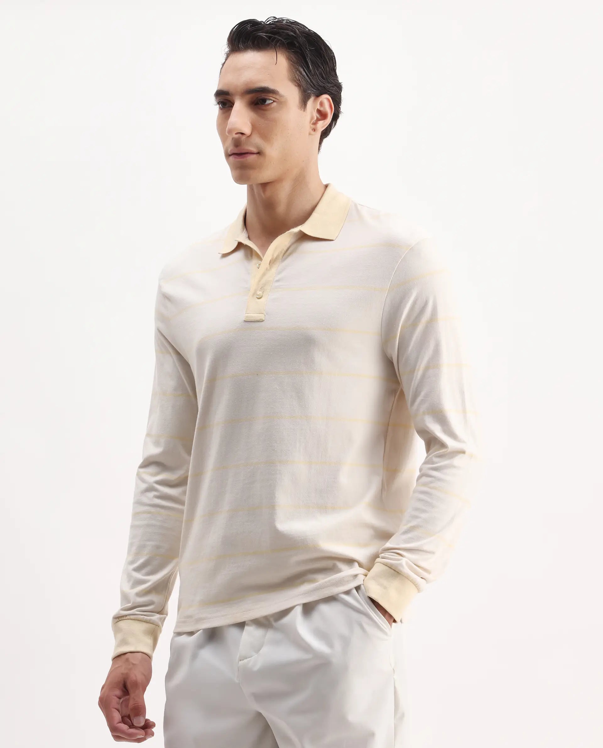 Rare Rabbit Men's Clove Off White Cotton Striped Print Regular Fit Full Sleeve Polo