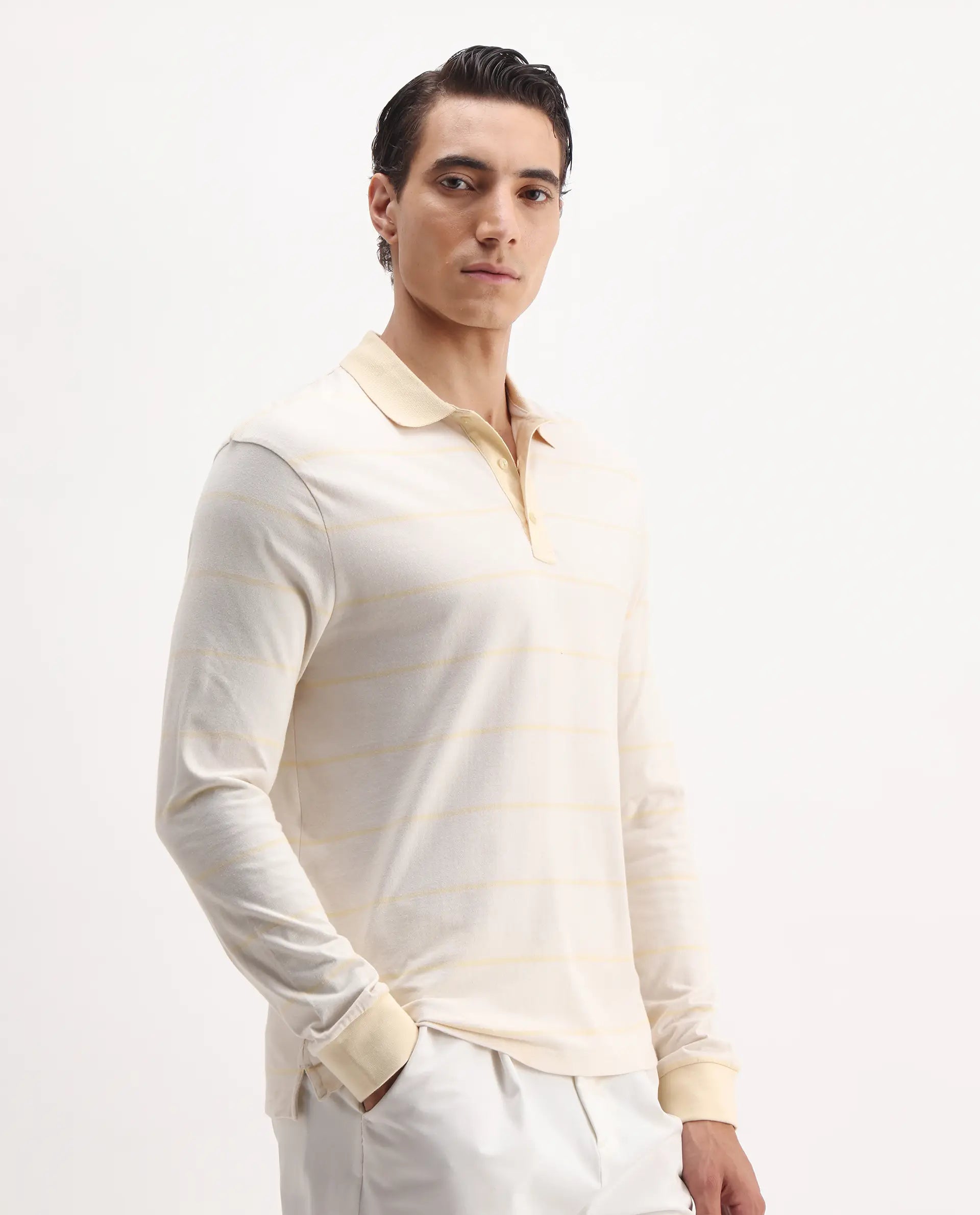 Rare Rabbit Men's Clove Off White Cotton Striped Print Regular Fit Full Sleeve Polo