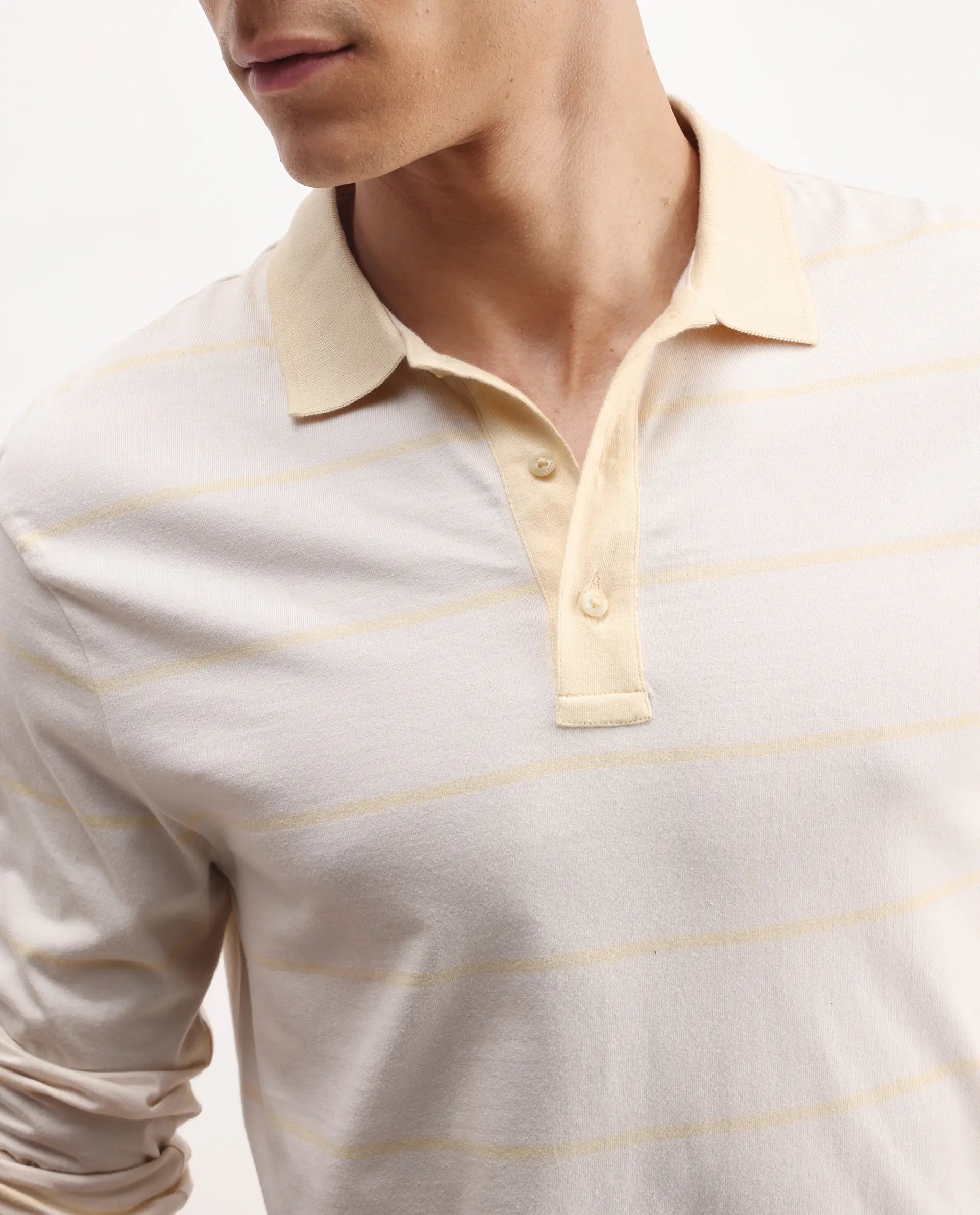 Rare Rabbit Men's Clove Off White Cotton Striped Print Regular Fit Full Sleeve Polo