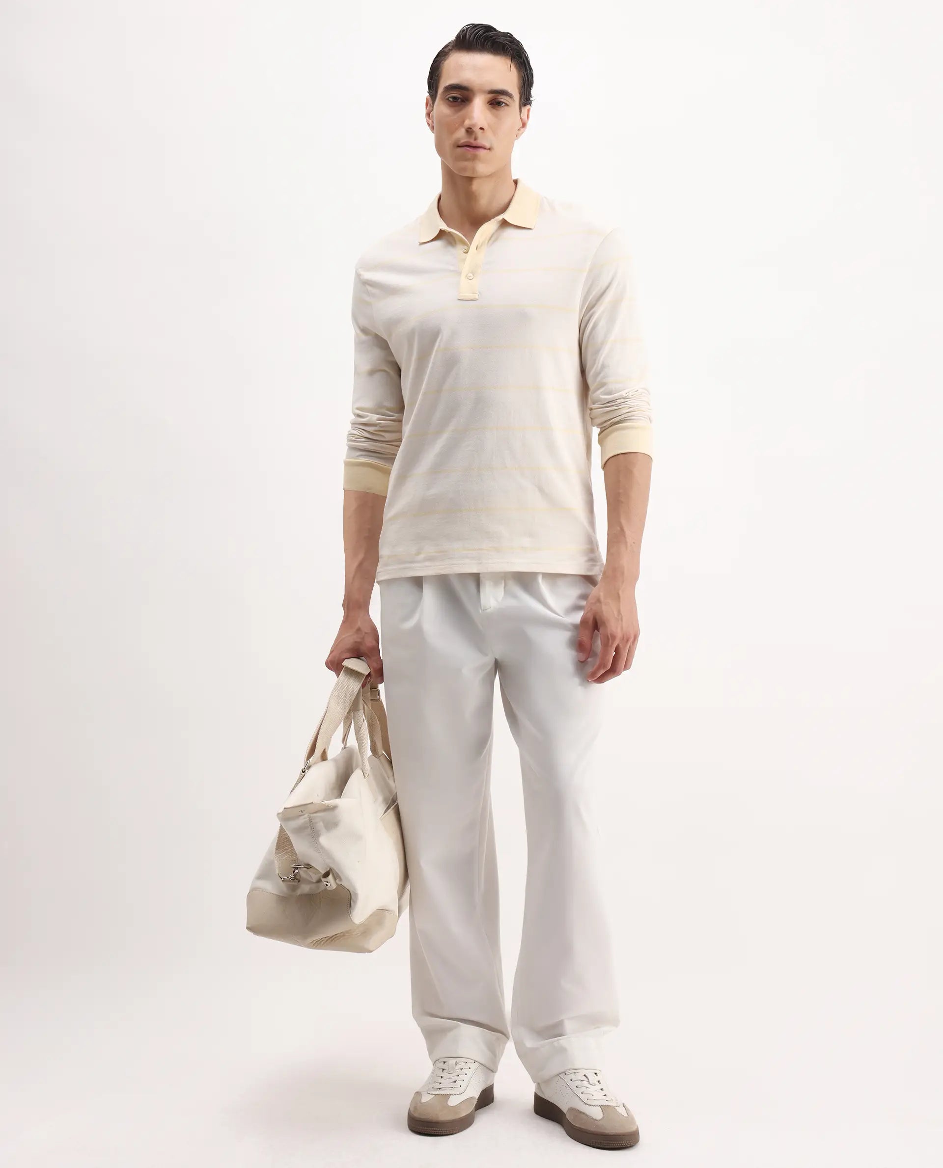 Rare Rabbit Men's Clove Off White Cotton Striped Print Regular Fit Full Sleeve Polo