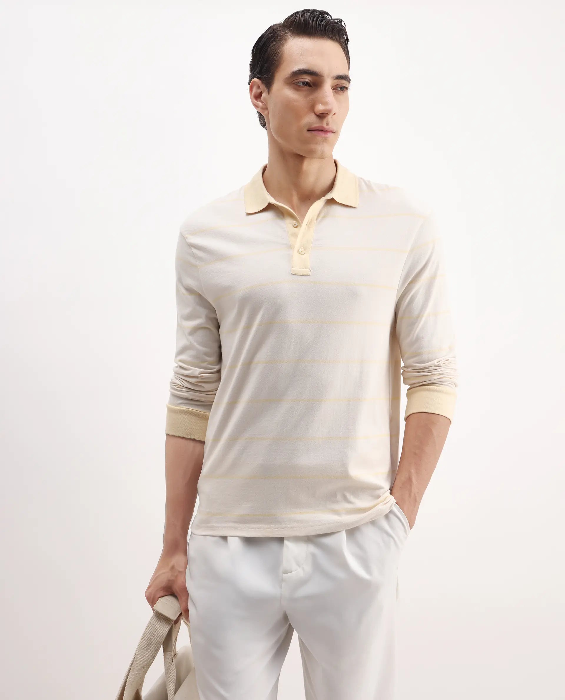 Rare Rabbit Men's Clove Off White Cotton Striped Print Regular Fit Full Sleeve Polo