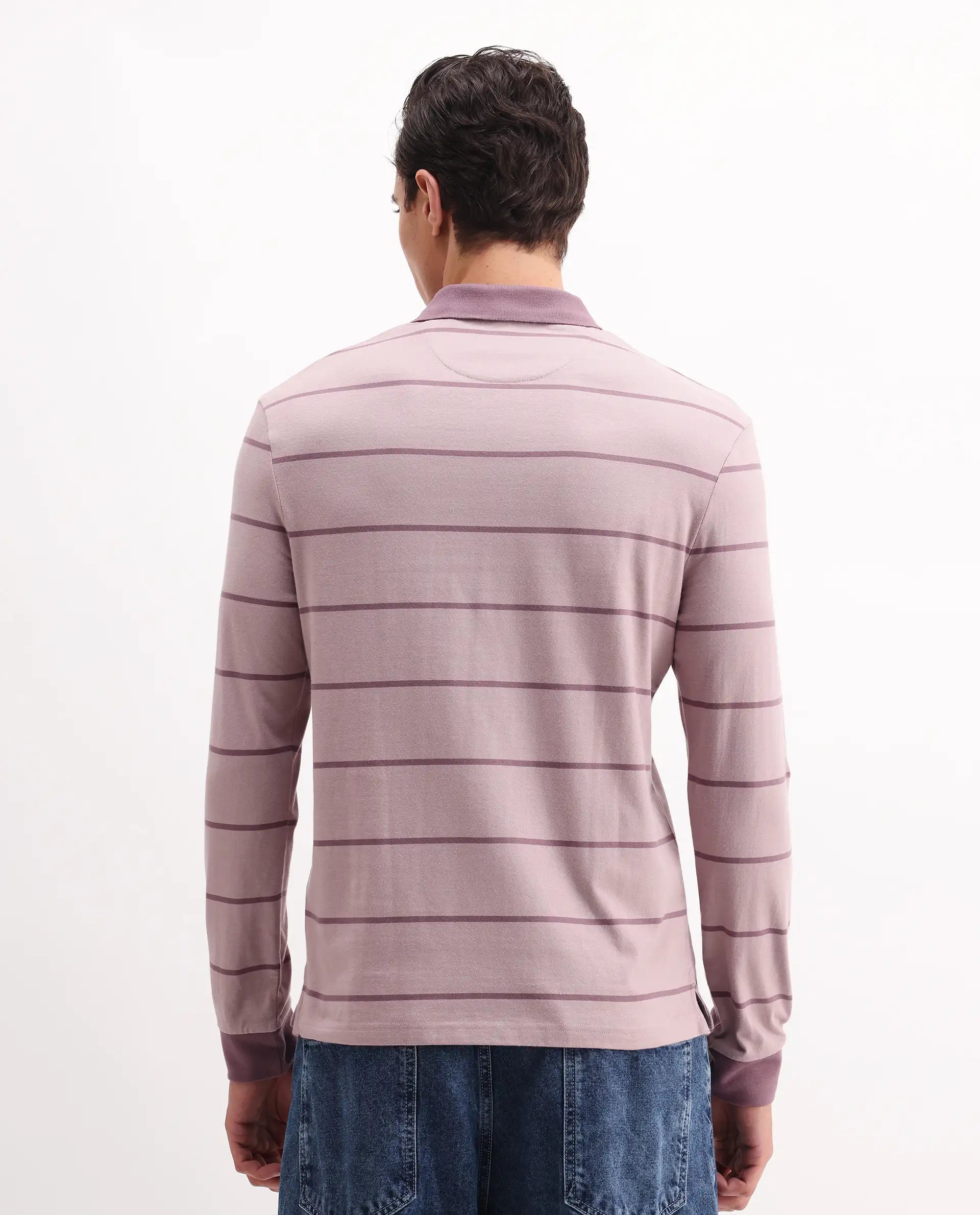 Rare Rabbit Men's Clove Dusky Pink Cotton Striped Print Regular Fit Full Sleeve Polo
