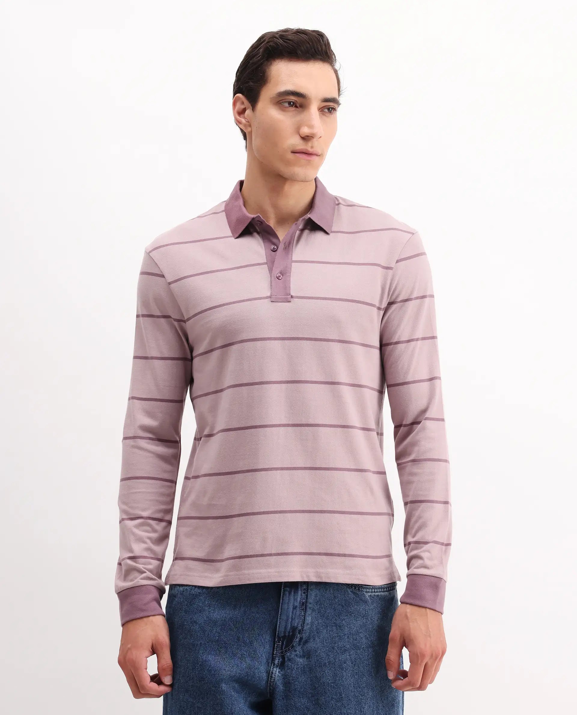 Rare Rabbit Men's Clove Dusky Pink Cotton Striped Print Regular Fit Full Sleeve Polo