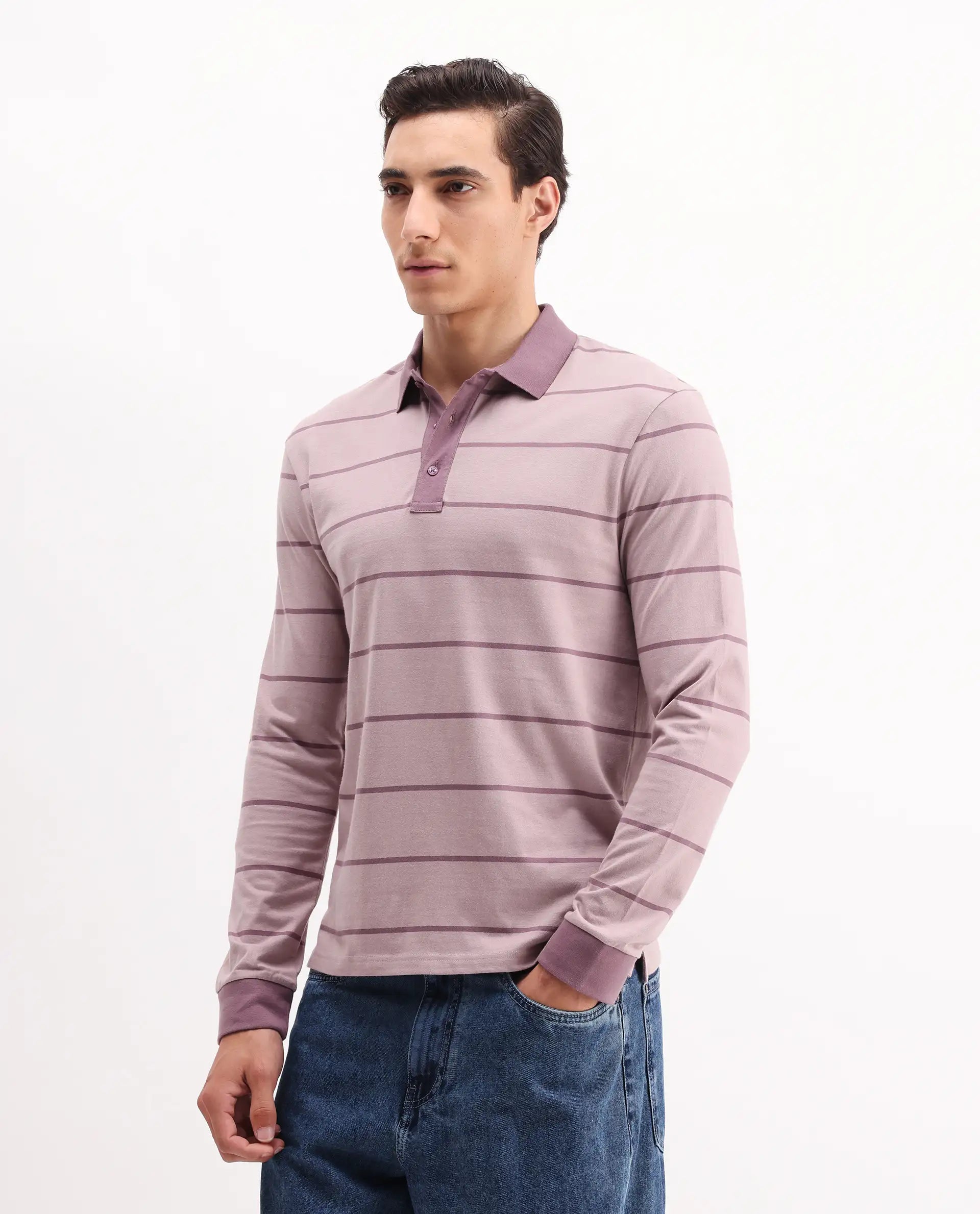 Rare Rabbit Men's Clove Dusky Pink Cotton Striped Print Regular Fit Full Sleeve Polo