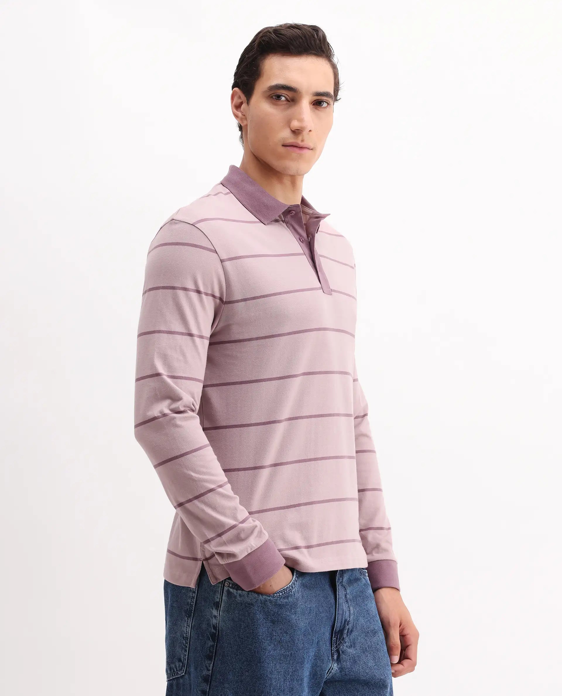 Rare Rabbit Men's Clove Dusky Pink Cotton Striped Print Regular Fit Full Sleeve Polo