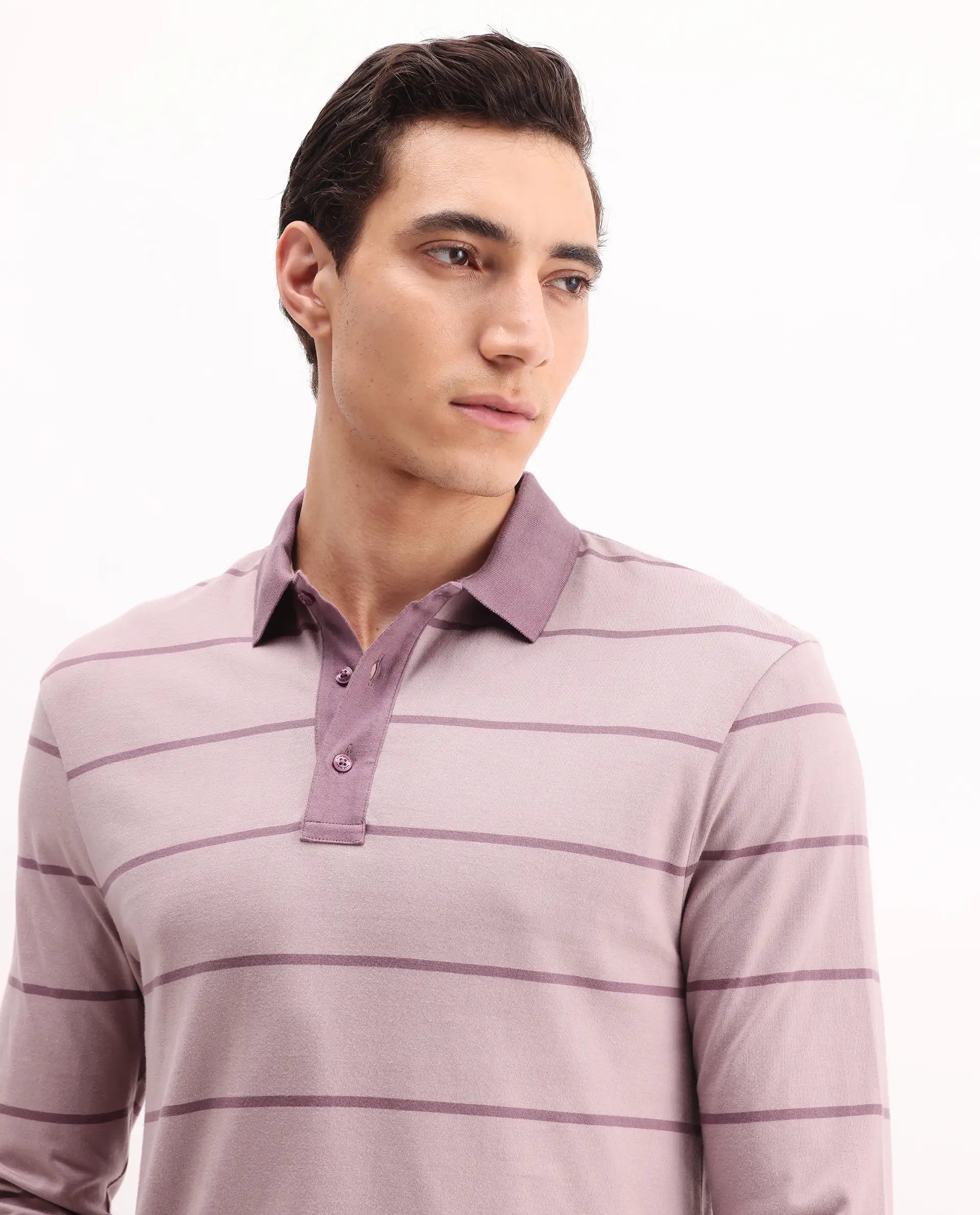 Rare Rabbit Men's Clove Dusky Pink Cotton Striped Print Regular Fit Full Sleeve Polo