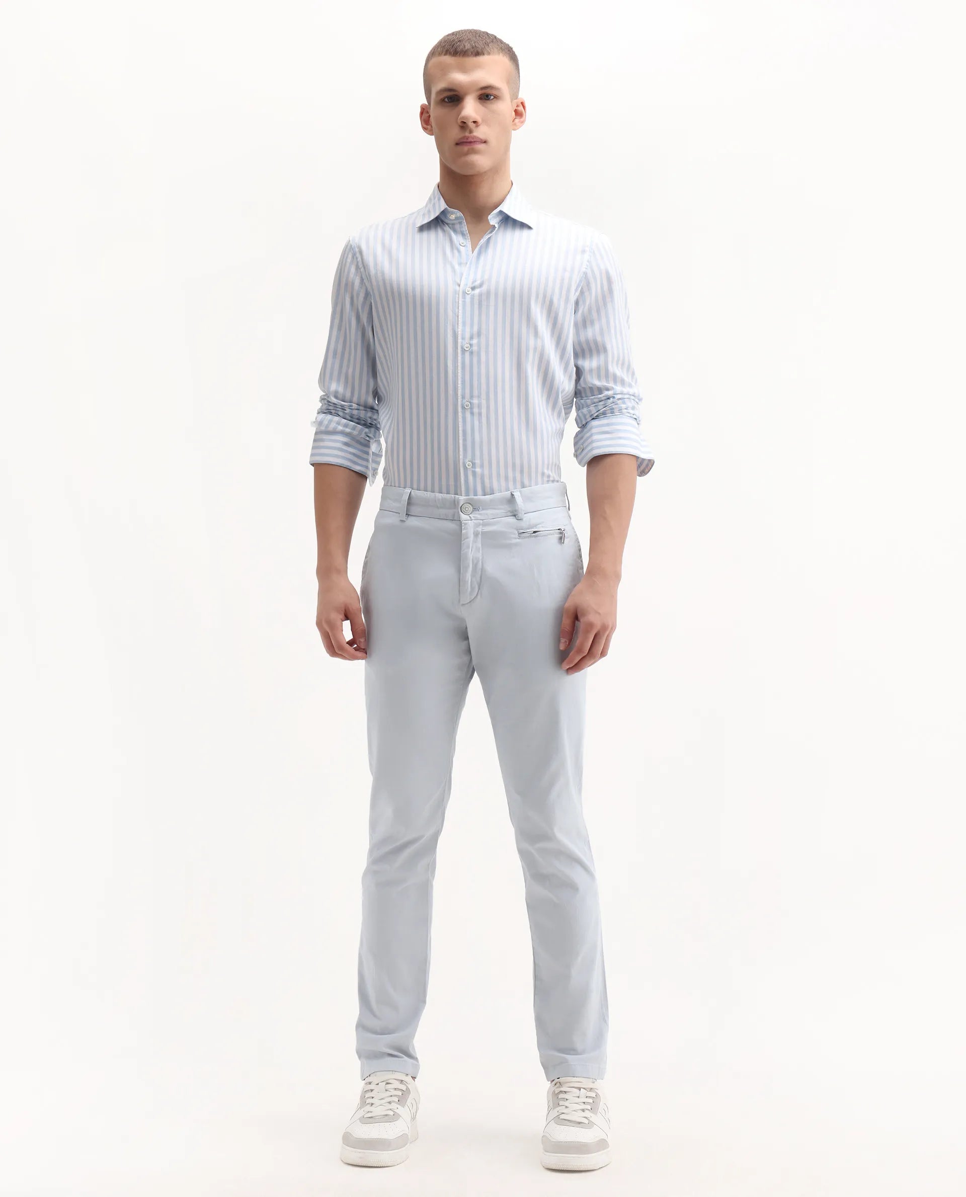 Rare Rabbit Men's Clovet Light Blue Cotton Plain Regular Fit Trouser