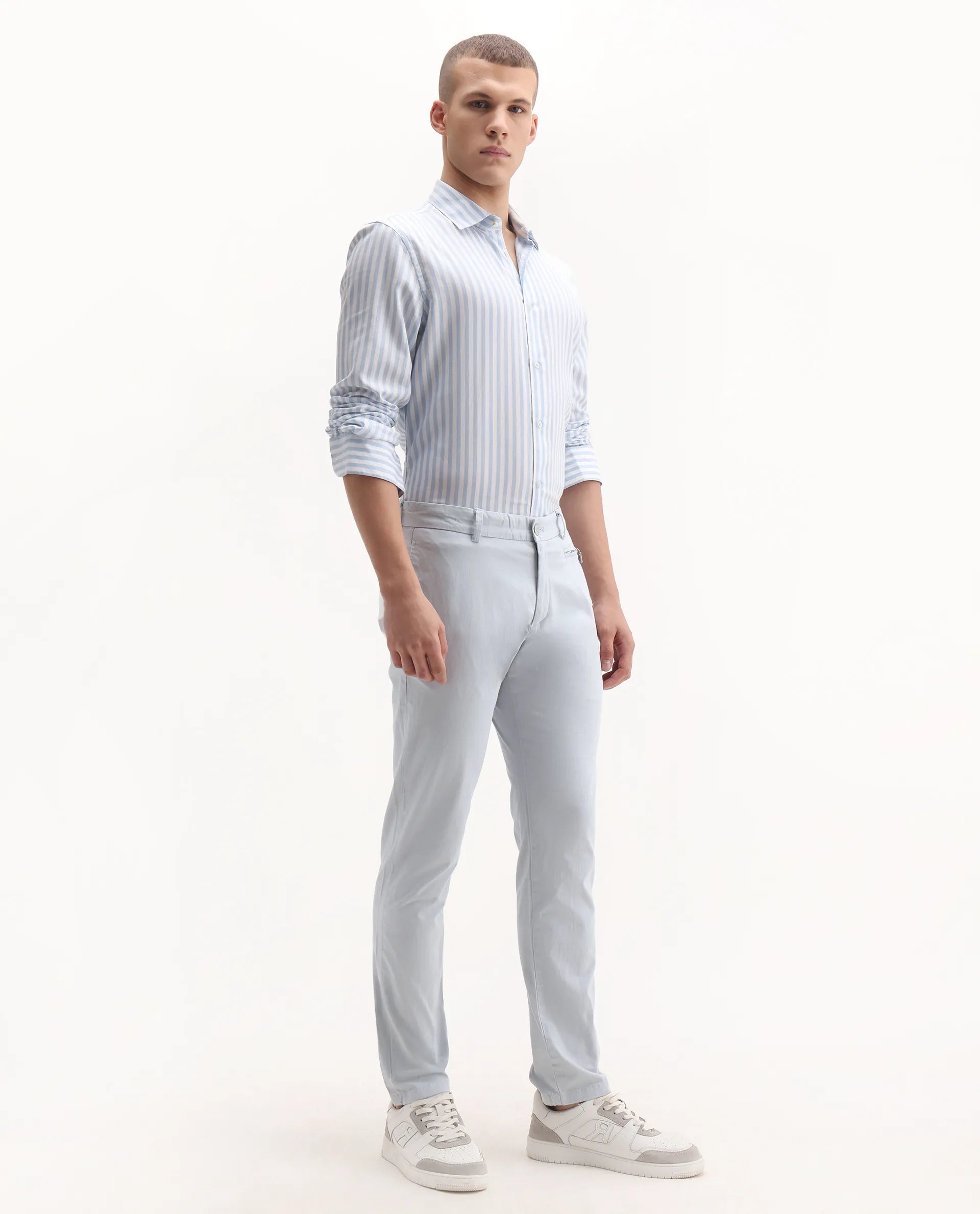 Rare Rabbit Men's Clovet Light Blue Cotton Plain Regular Fit Trouser