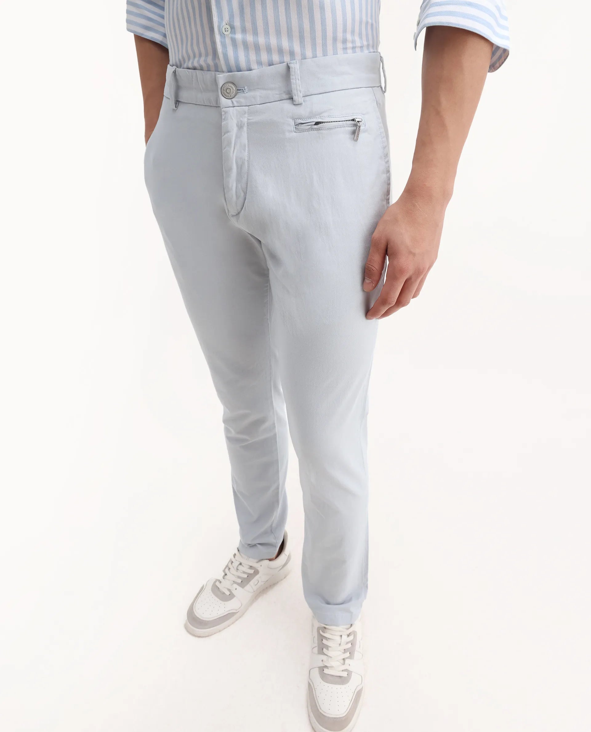 Rare Rabbit Men's Clovet Light Blue Cotton Plain Regular Fit Trouser