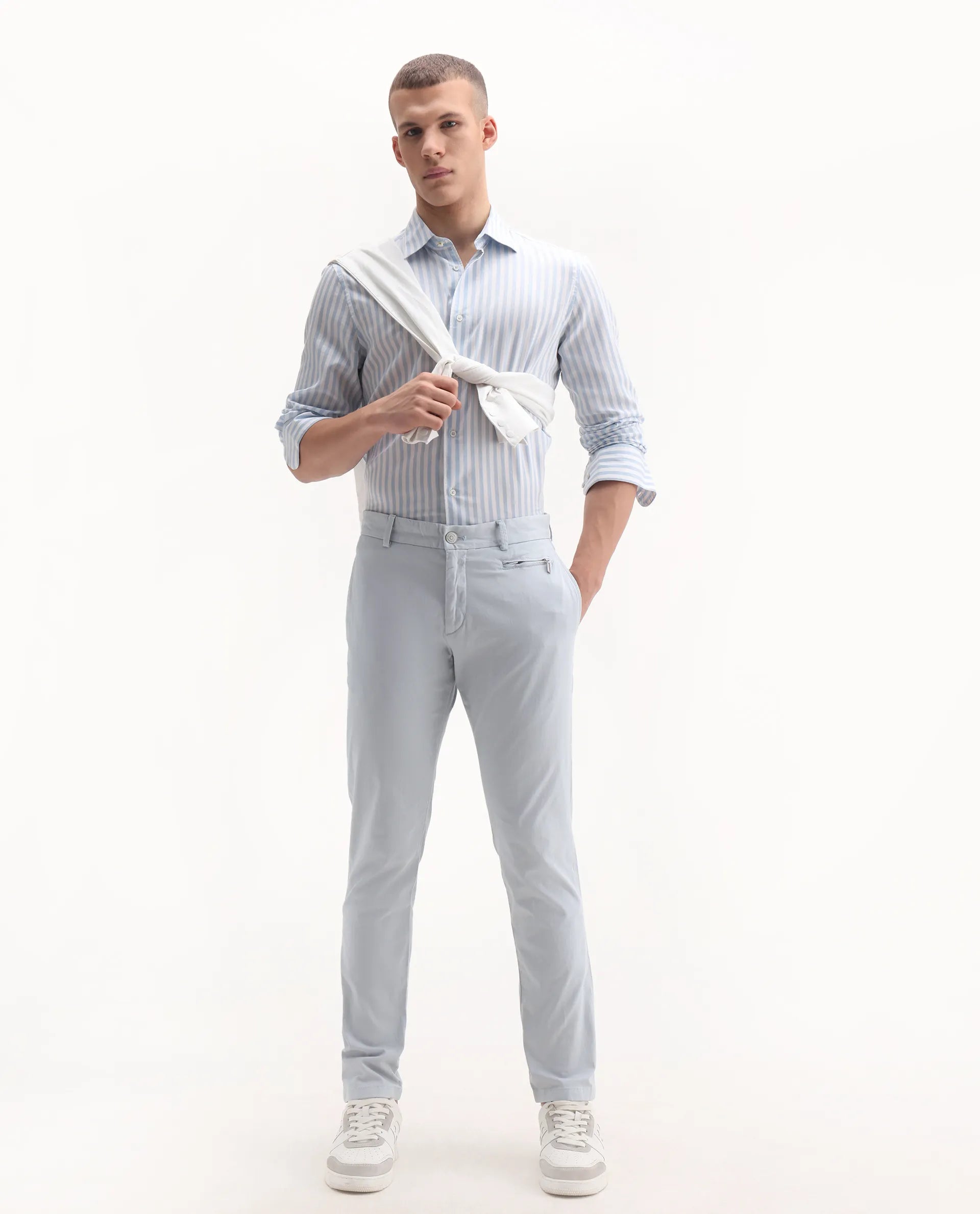 Rare Rabbit Men's Clovet Light Blue Cotton Plain Regular Fit Trouser