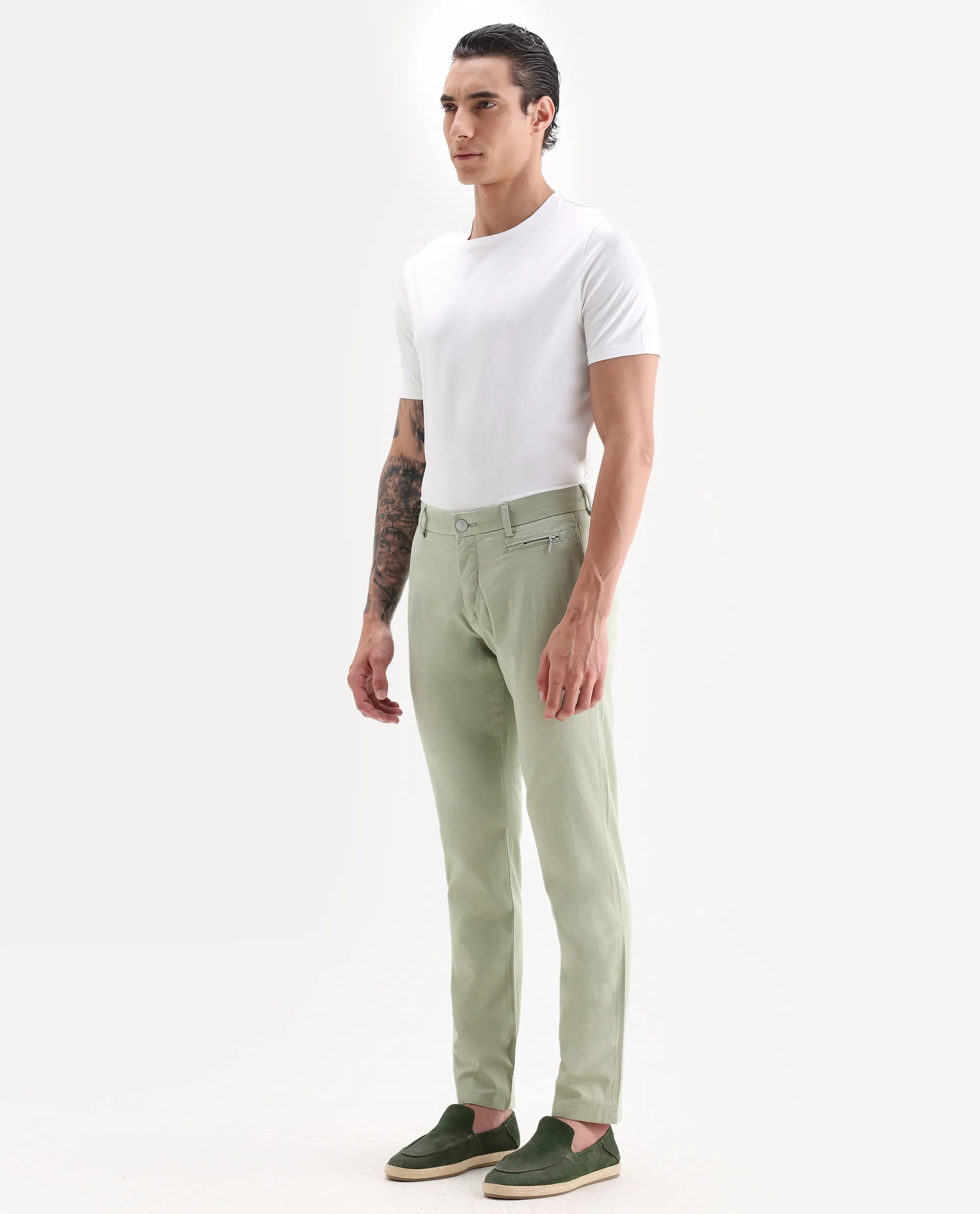 Rare Rabbit Men's Clovet Pastel Green Cotton Plain Regular Fit Trouser