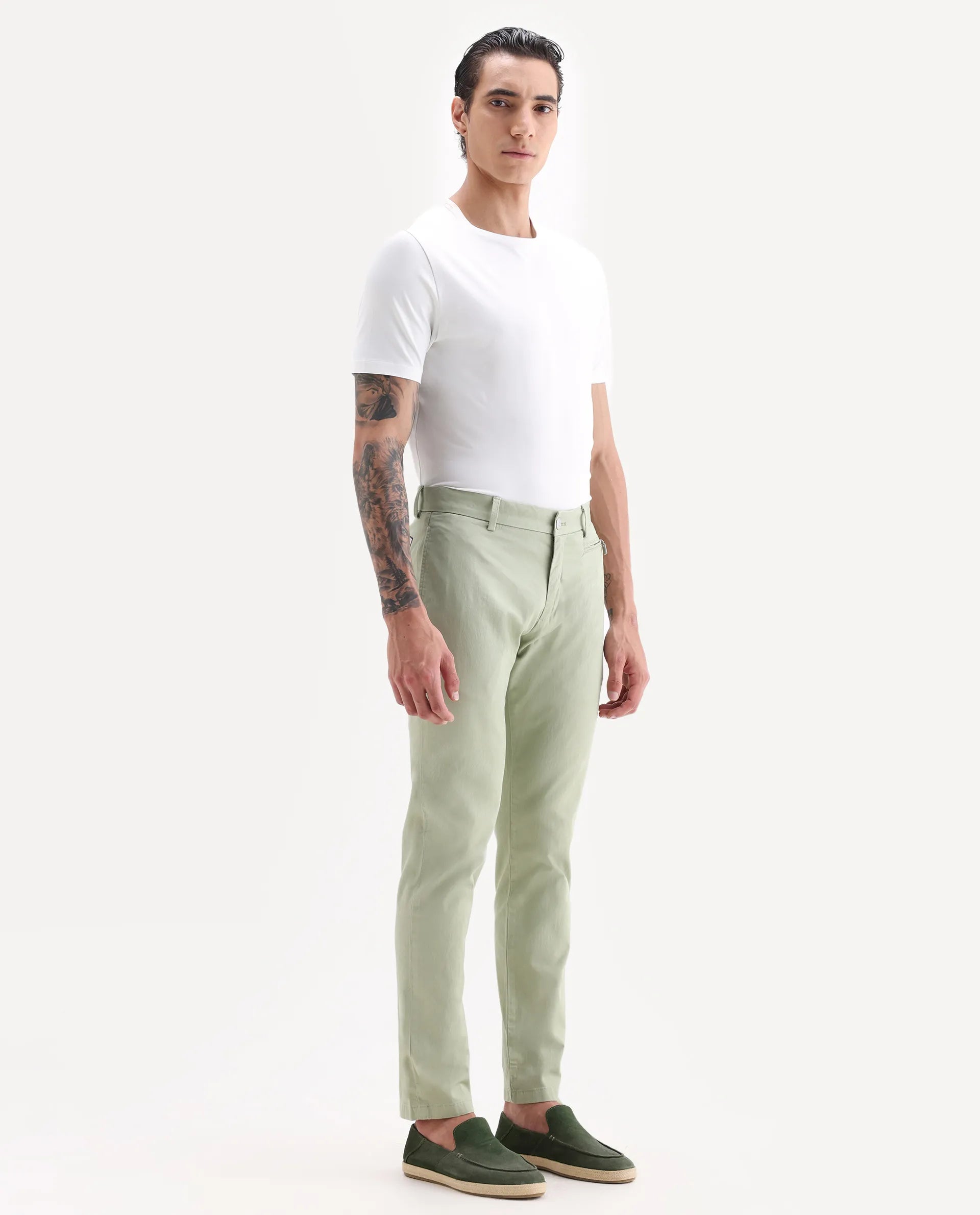 Rare Rabbit Men's Clovet Pastel Green Cotton Plain Regular Fit Trouser