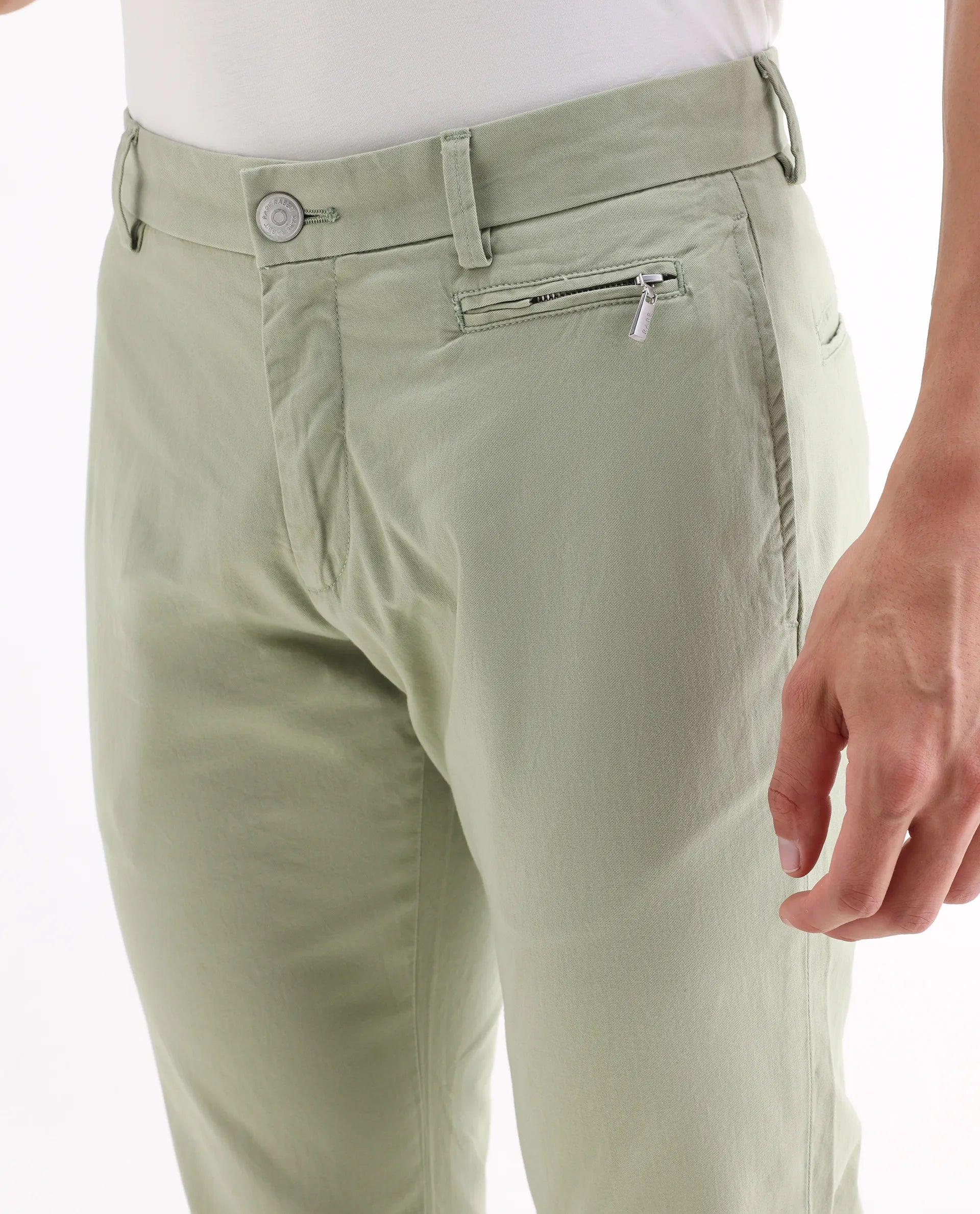 Rare Rabbit Men's Clovet Pastel Green Cotton Plain Regular Fit Trouser