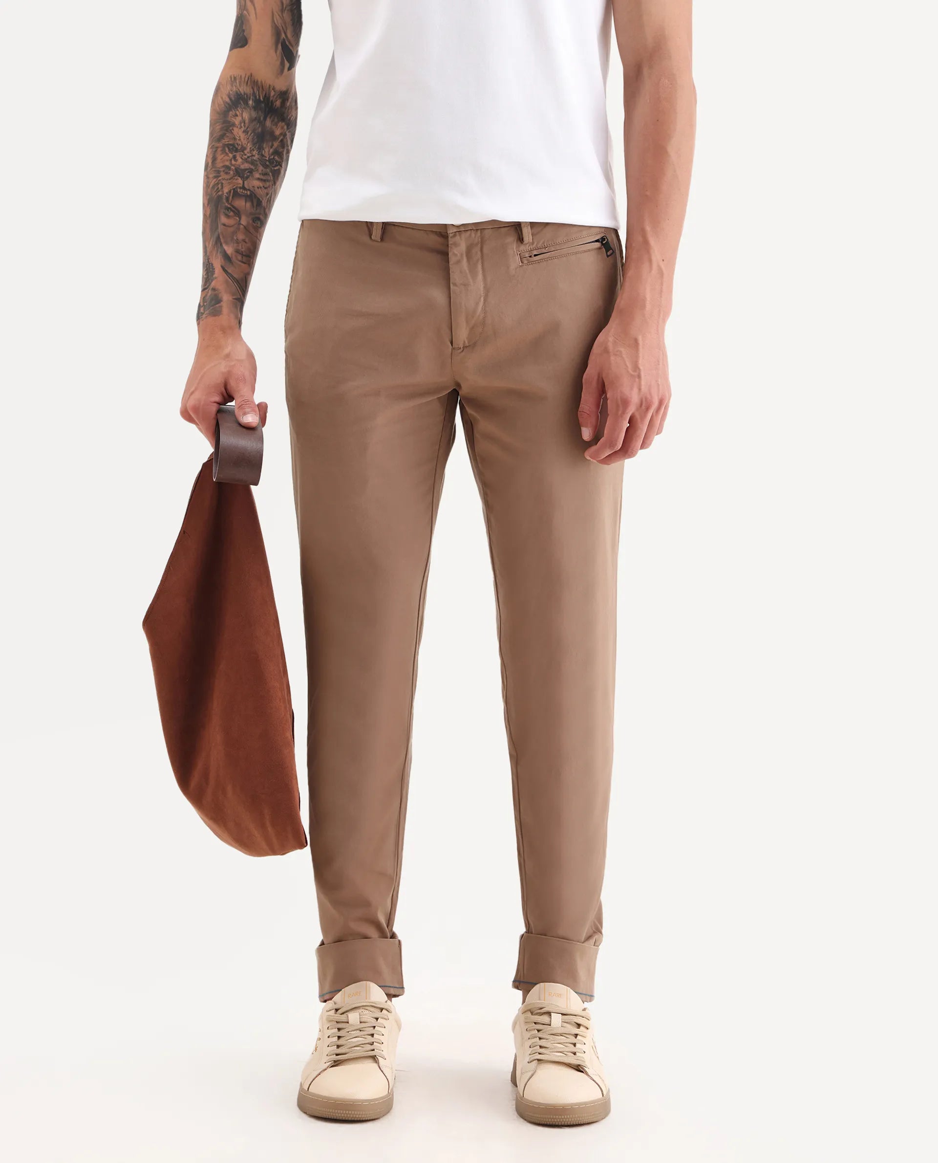 Rare Rabbit Men's Clovey Dark Peach Cotton Plain Regular Fit Trouser