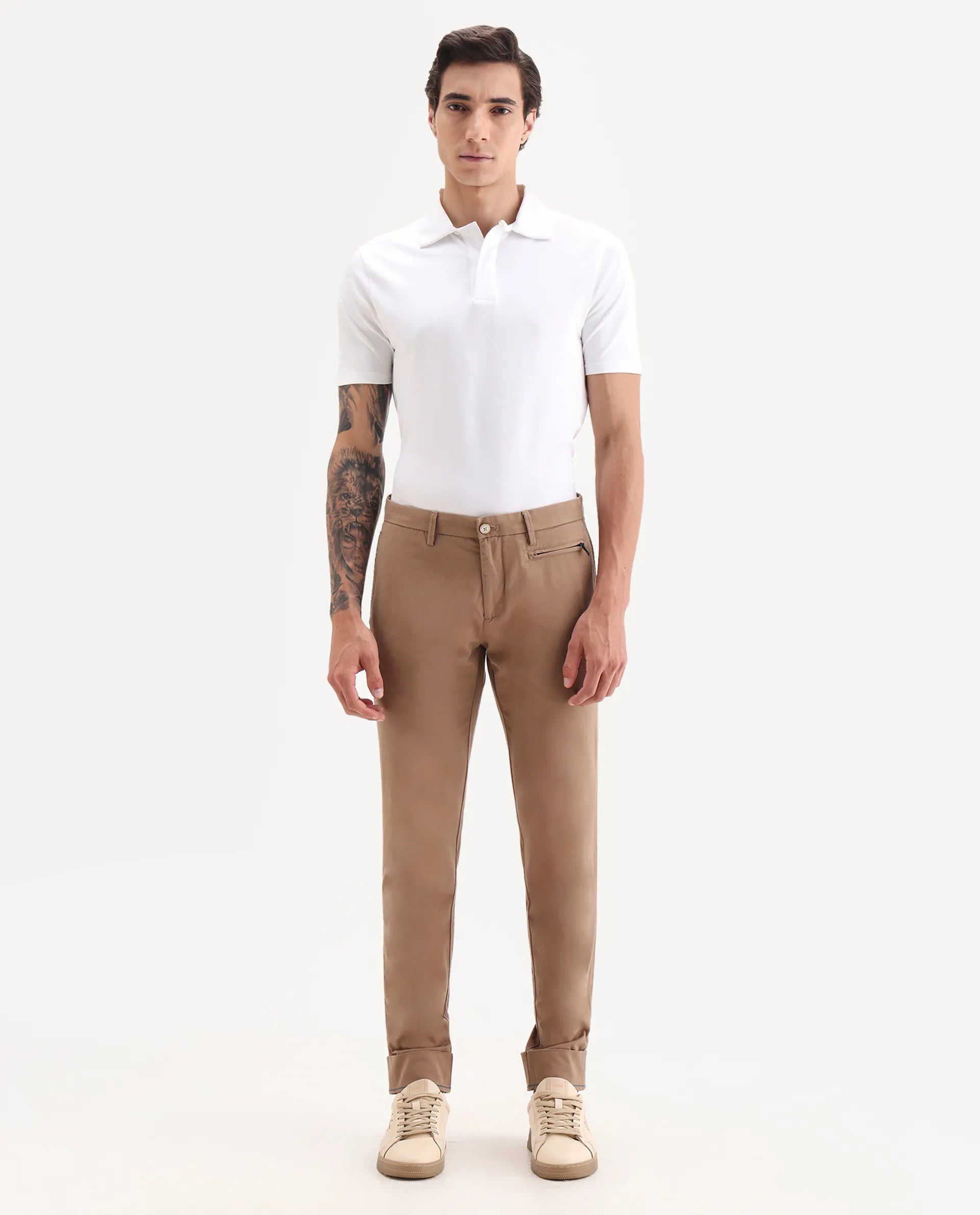 Rare Rabbit Men's Clovey Dark Peach Cotton Plain Regular Fit Trouser