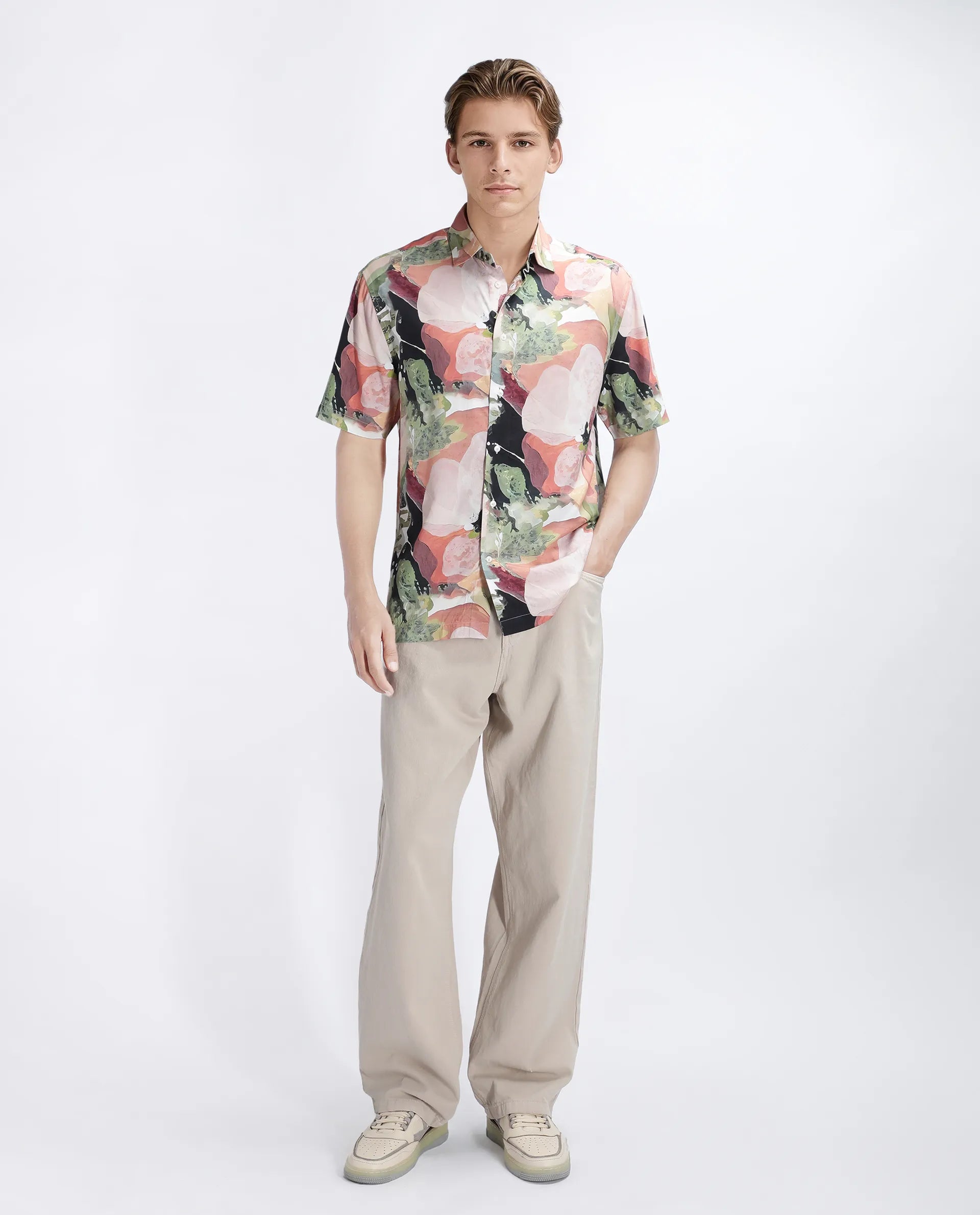 Rare Rabbit Men's Clow Pastel Peach Viscose Abstract Print Regular Fit Half Sleeve Collared Shirt