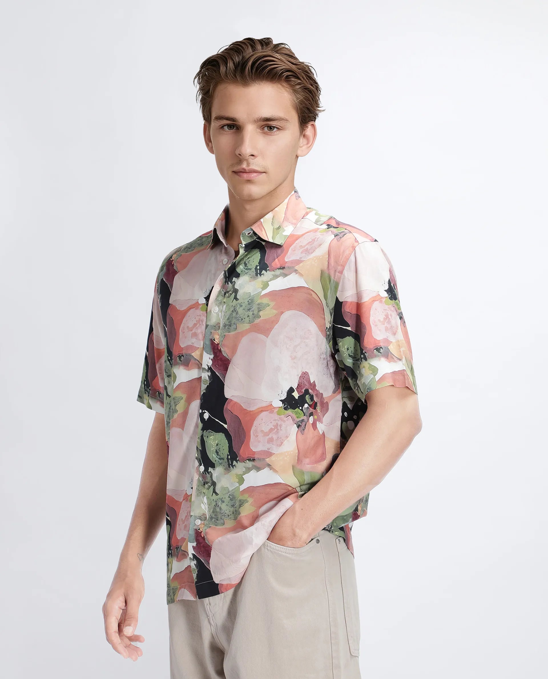 Rare Rabbit Men's Clow Pastel Peach Viscose Abstract Print Regular Fit Half Sleeve Collared Shirt