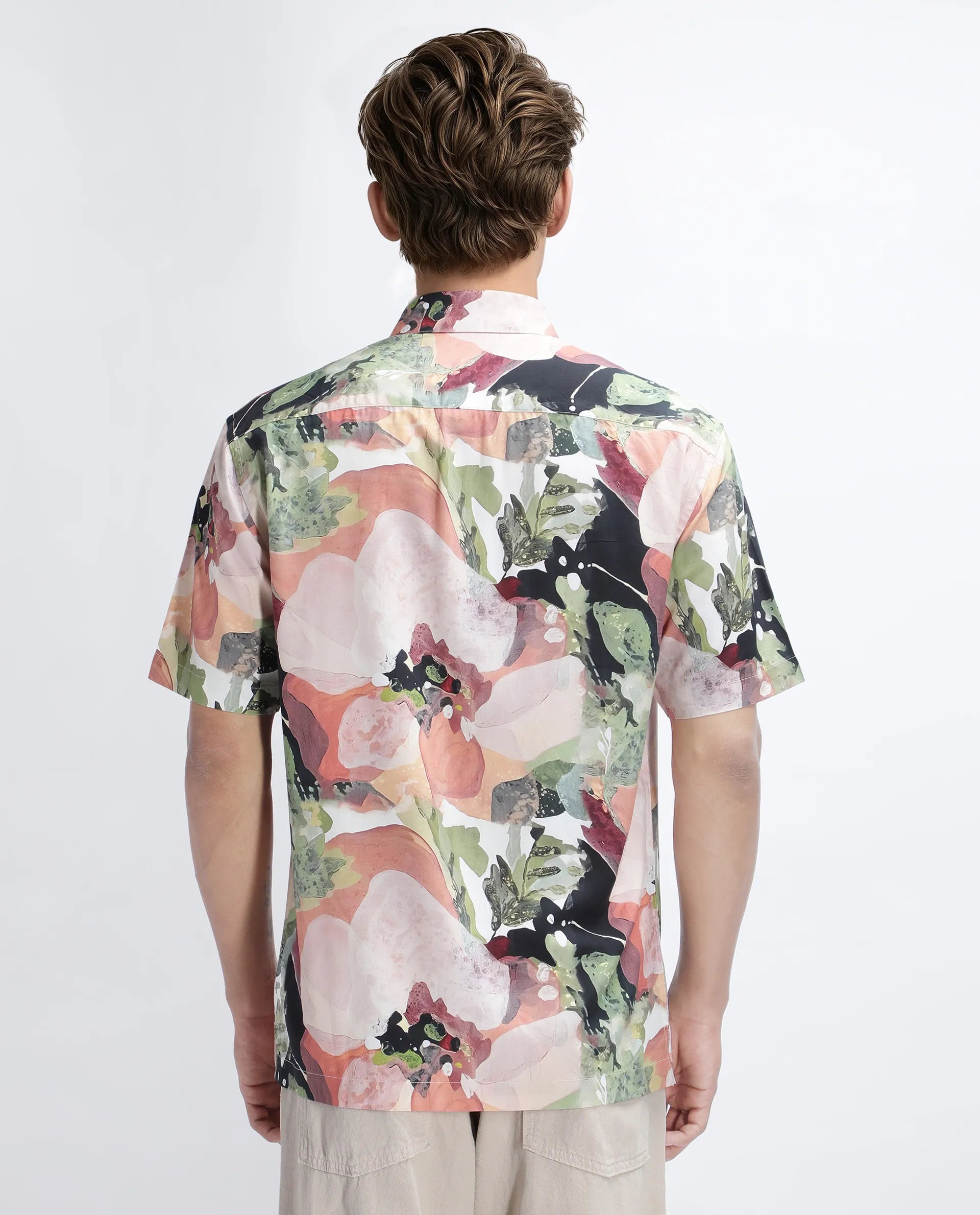 Rare Rabbit Men's Clow Pastel Peach Viscose Abstract Print Regular Fit Half Sleeve Collared Shirt