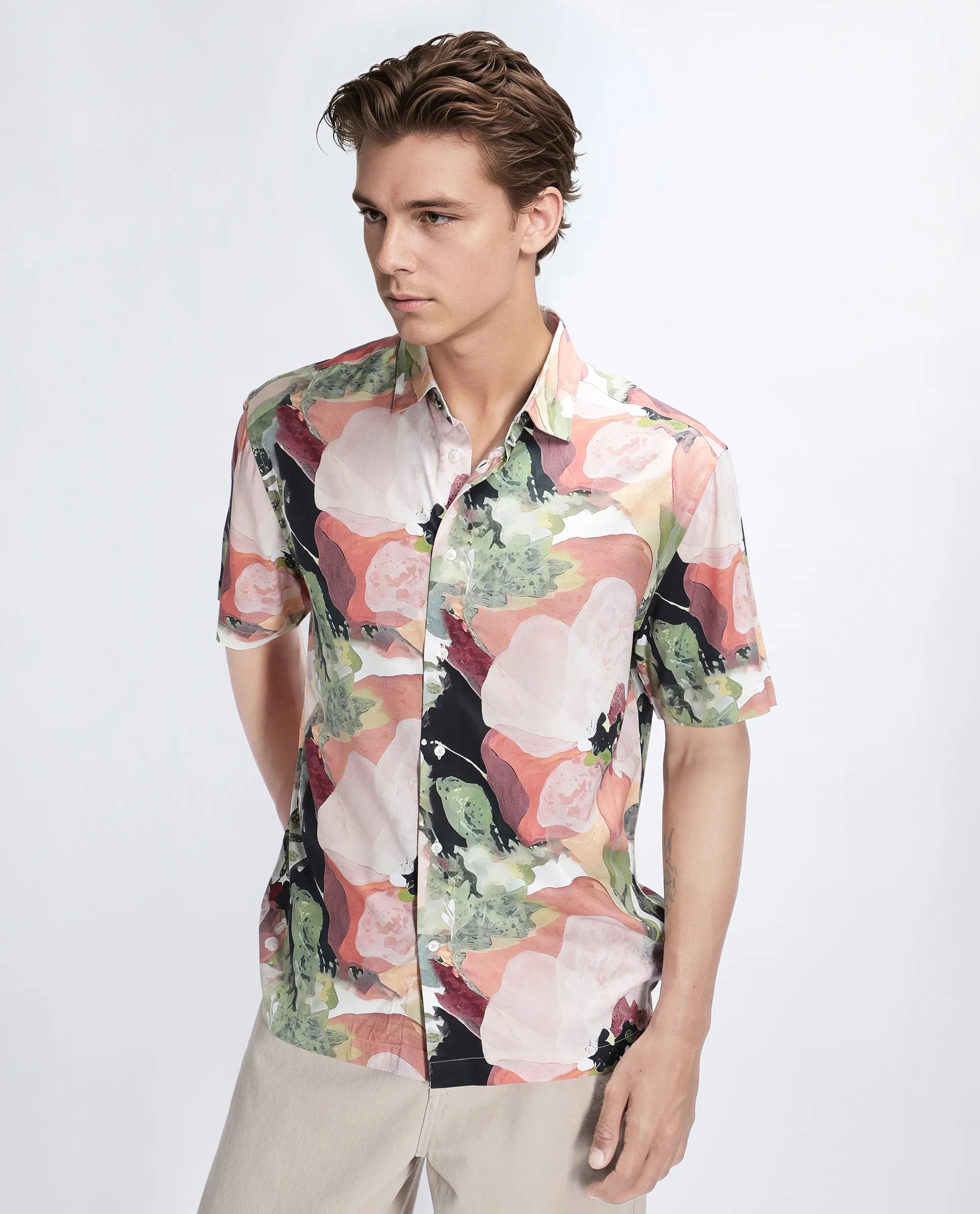 Rare Rabbit Men's Clow Pastel Peach Viscose Abstract Print Regular Fit Half Sleeve Collared Shirt