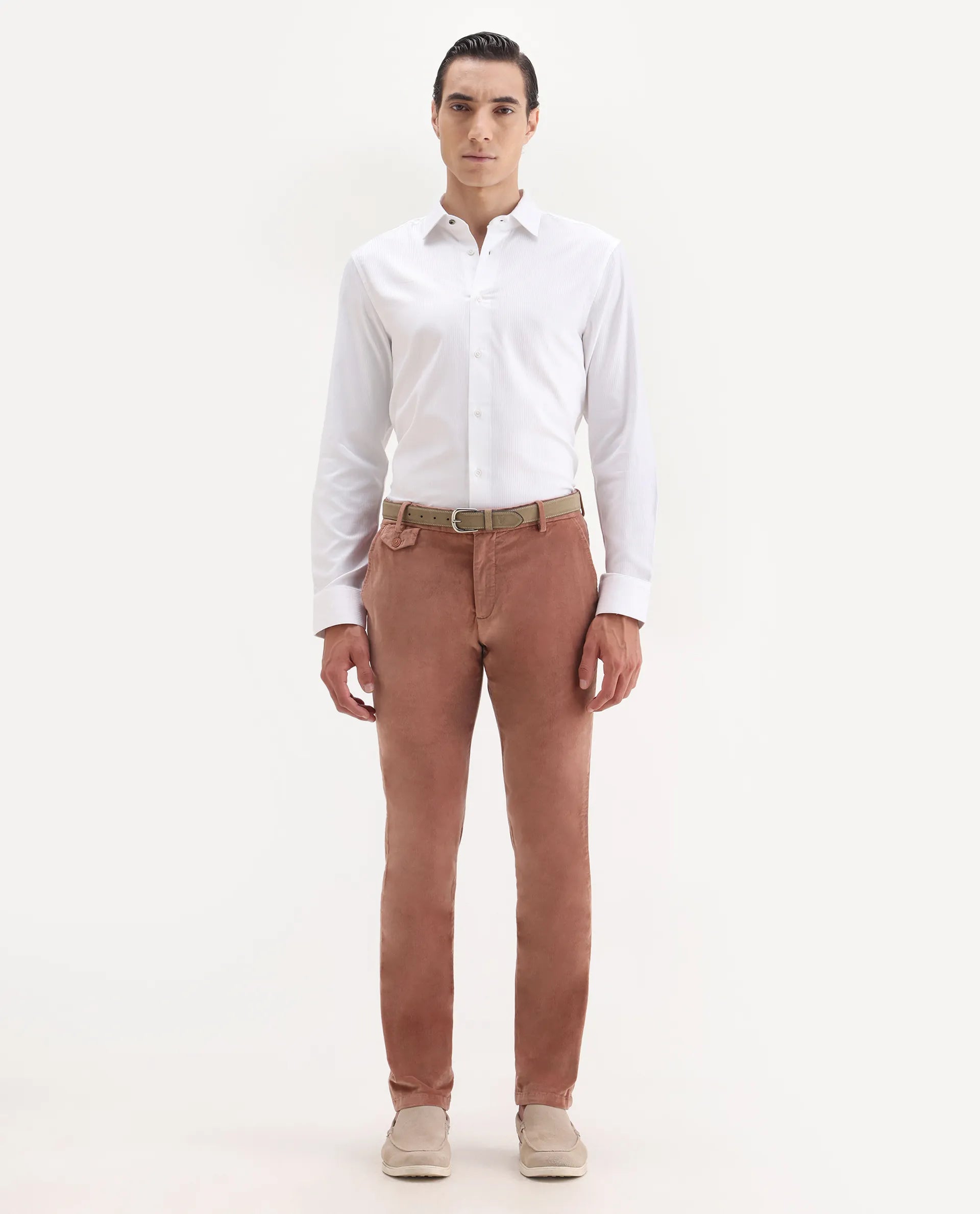 Rare Rabbit Men's Cloy Pink Velvet Plain Regular Fit Trouser