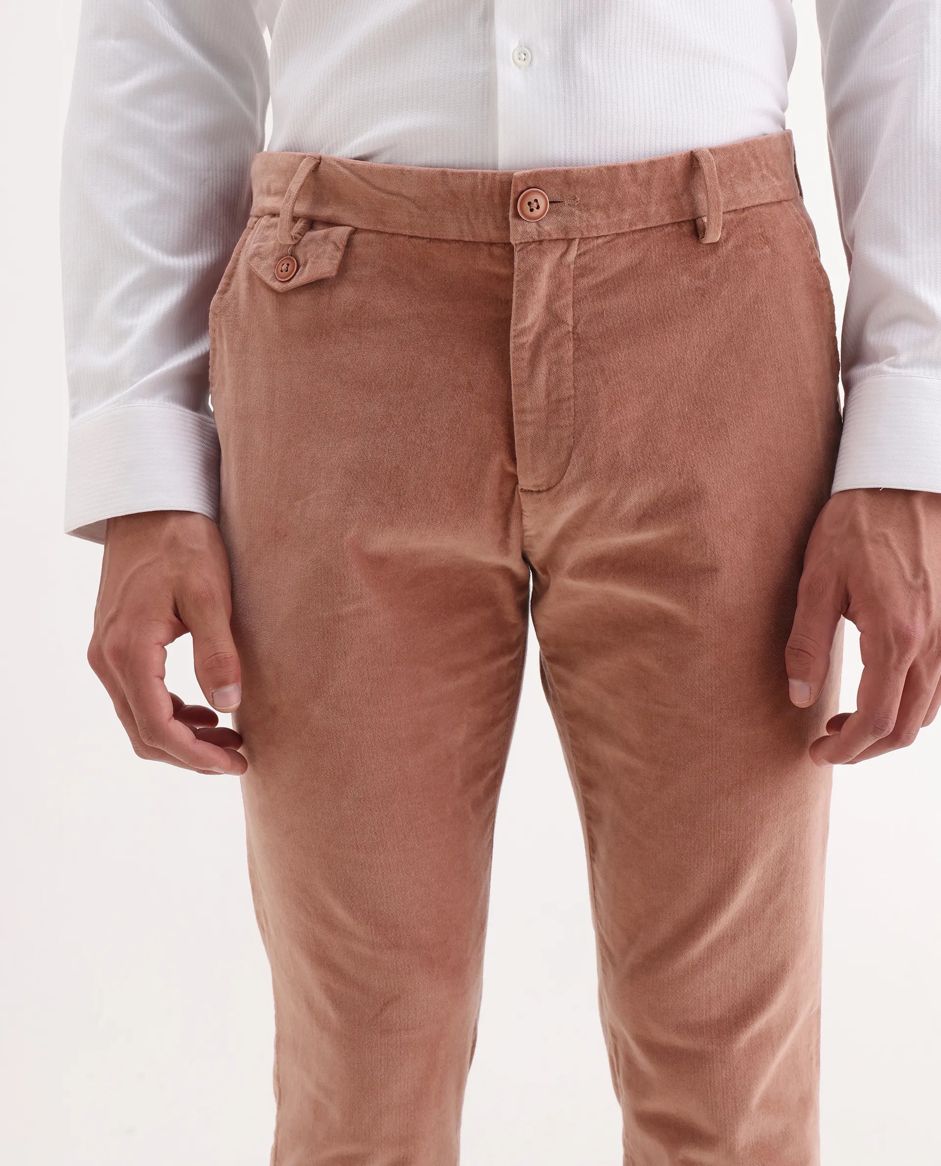 Rare Rabbit Men's Cloy Pink Velvet Plain Regular Fit Trouser