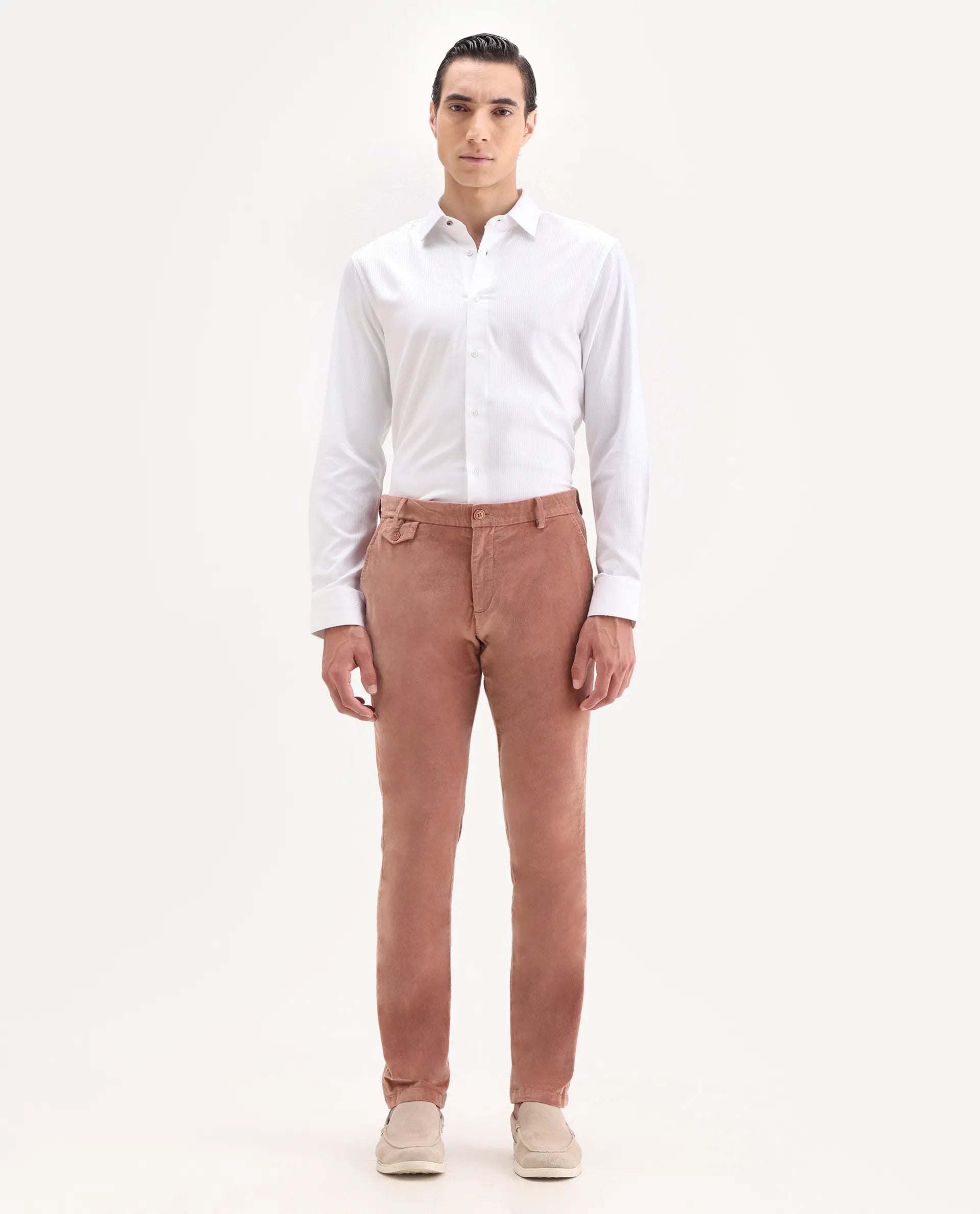 Rare Rabbit Men's Cloy Pink Velvet Plain Regular Fit Trouser