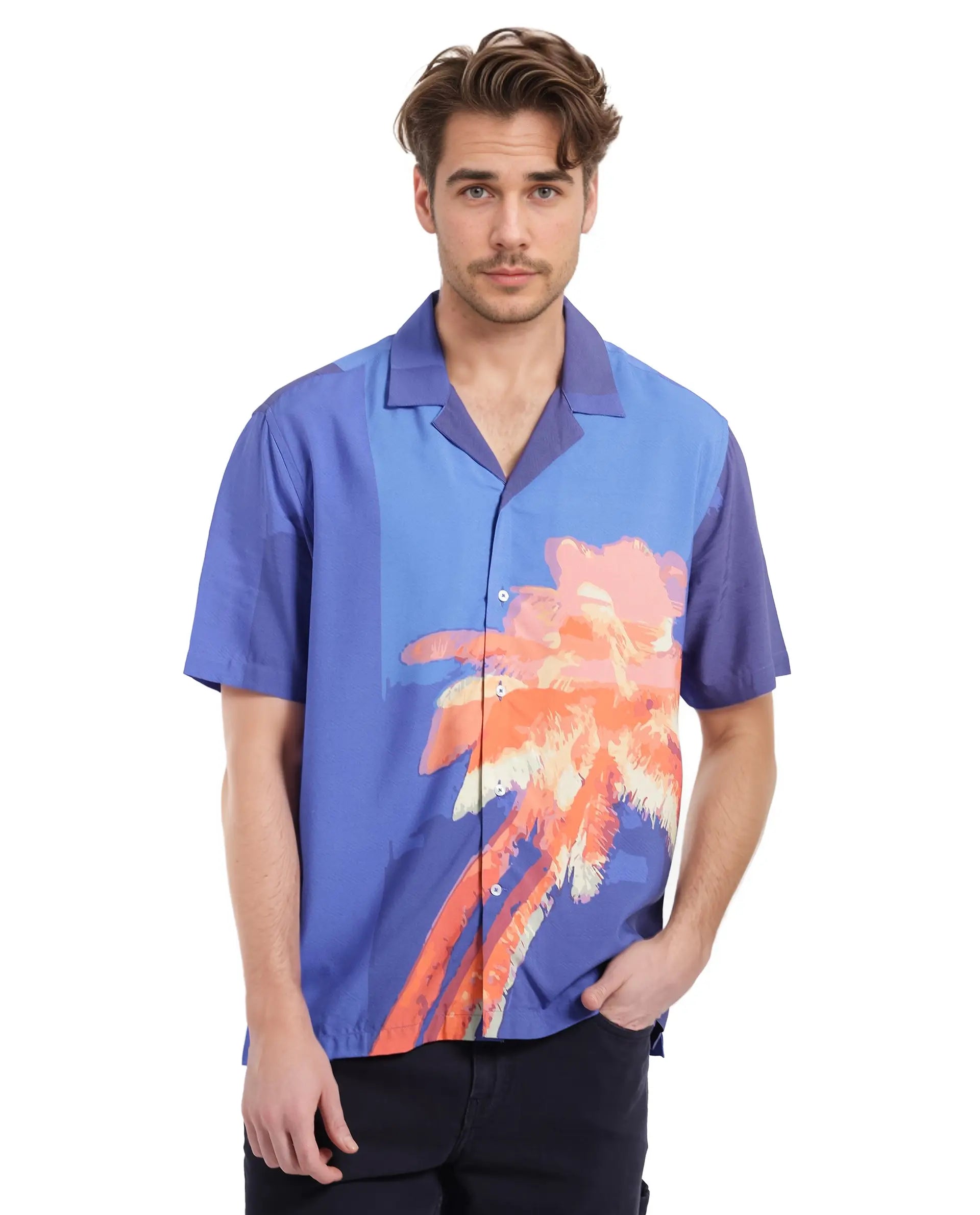 Rare Rabbit Men's Coca Dark Navy Short Sleeve Cuban Collared Tropical Print Shirt