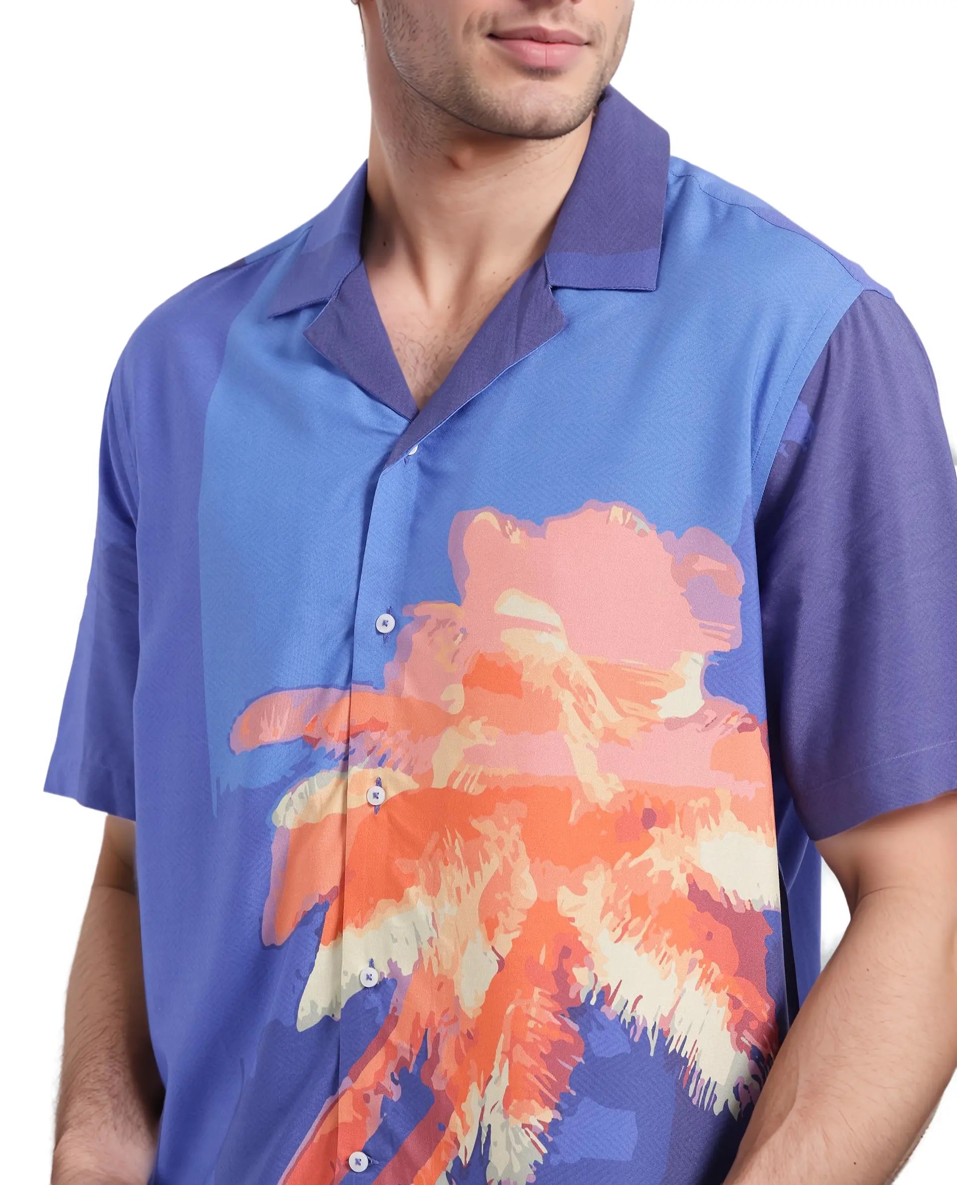 Rare Rabbit Men's Coca Dark Navy Short Sleeve Cuban Collared Tropical Print Shirt