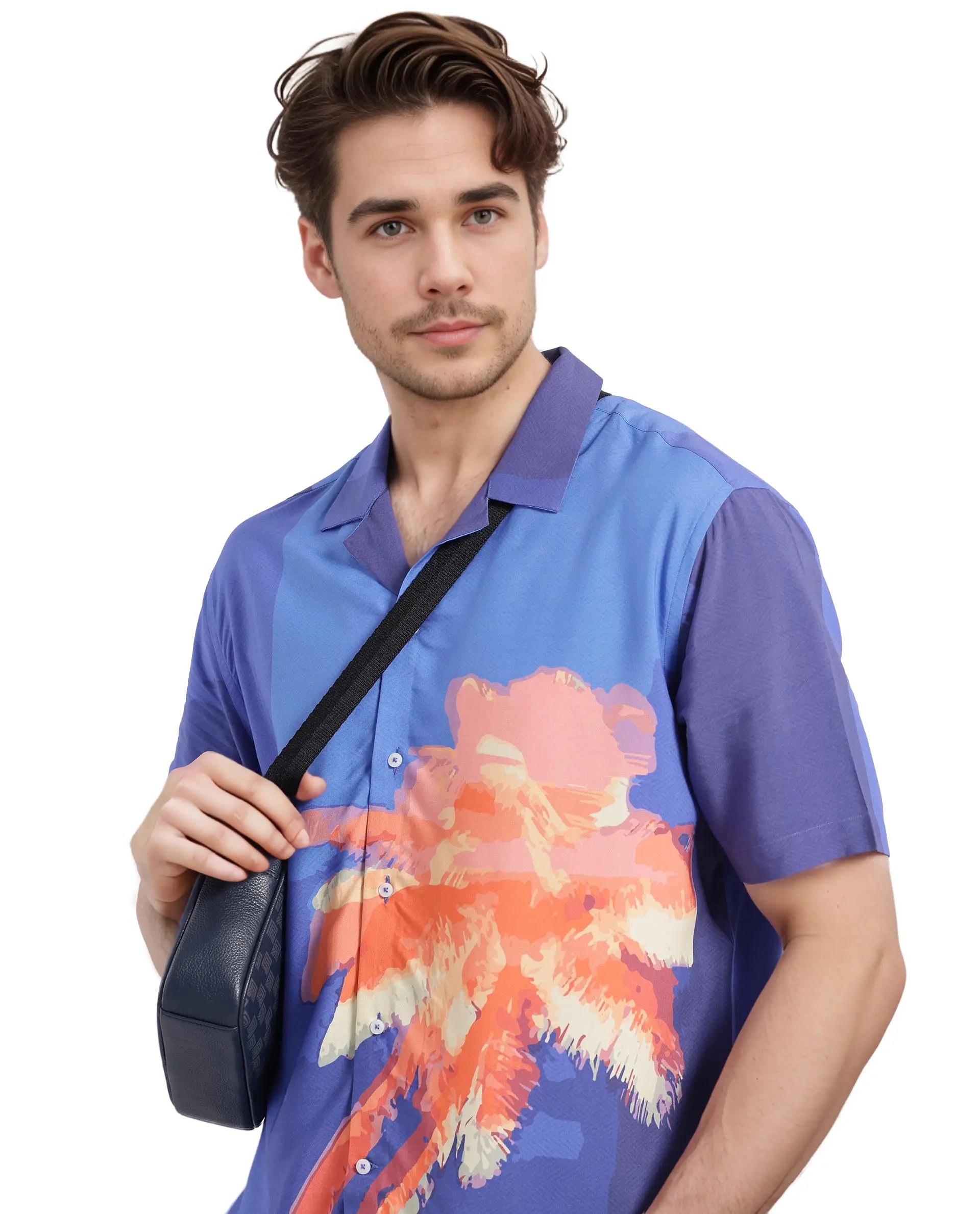 Rare Rabbit Men's Coca Dark Navy Short Sleeve Cuban Collared Tropical Print Shirt