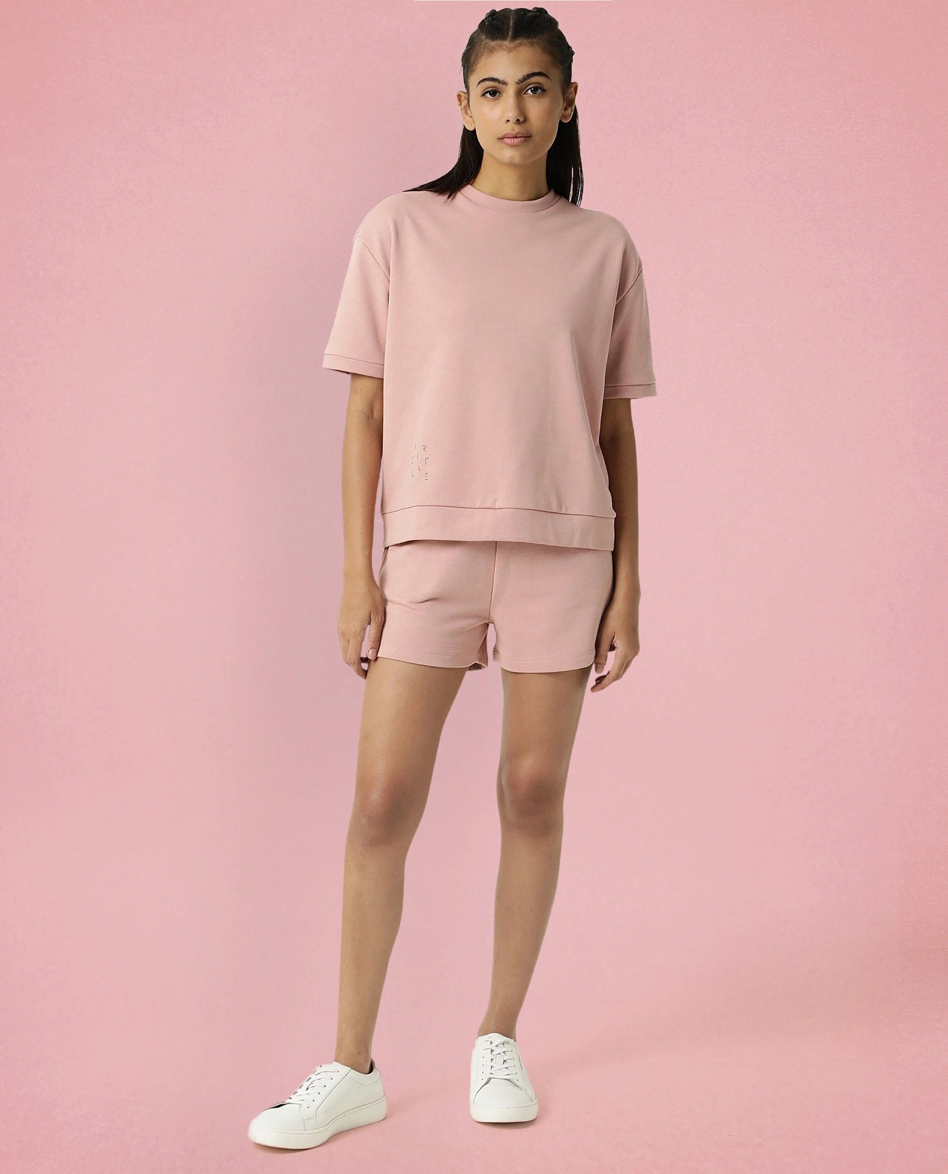 Rareism Women Coco Dusky Pink Cotton Fabric Half Sleeves Relaxed Fit Solid Round Neck Sweat Tee