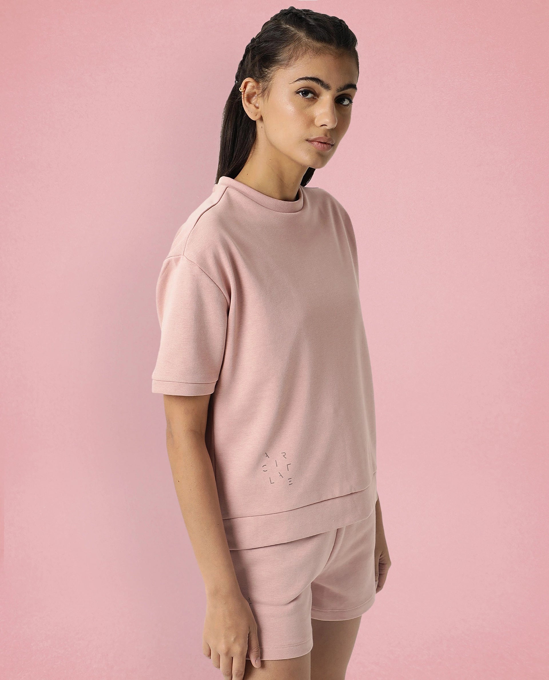 Rareism Women Coco Dusky Pink Cotton Fabric Half Sleeves Relaxed Fit Solid Round Neck Sweat Tee