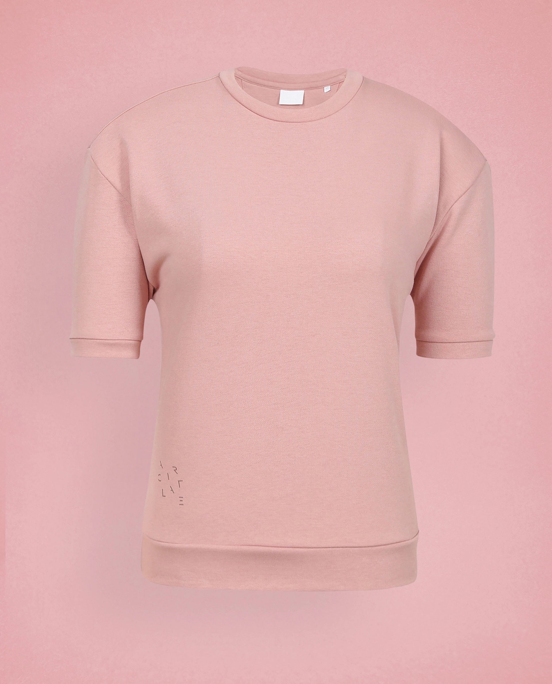 Rareism Women Coco Dusky Pink Cotton Fabric Half Sleeves Relaxed Fit Solid Round Neck Sweat Tee