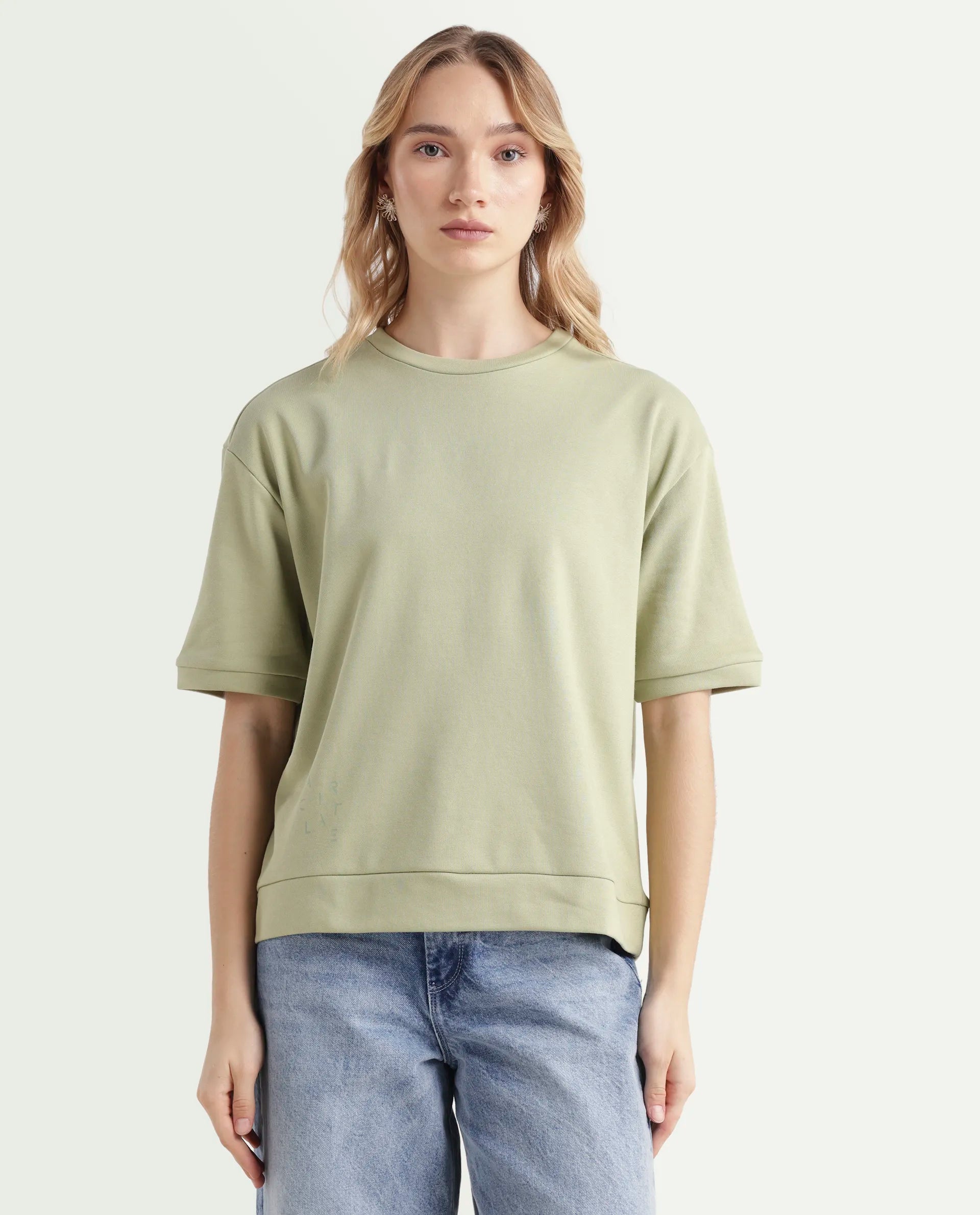 Rareism Women's Medium Weight Terry 290 Gsm Cotton Crew Neck Plain Relaxed Fit Sweat Tee