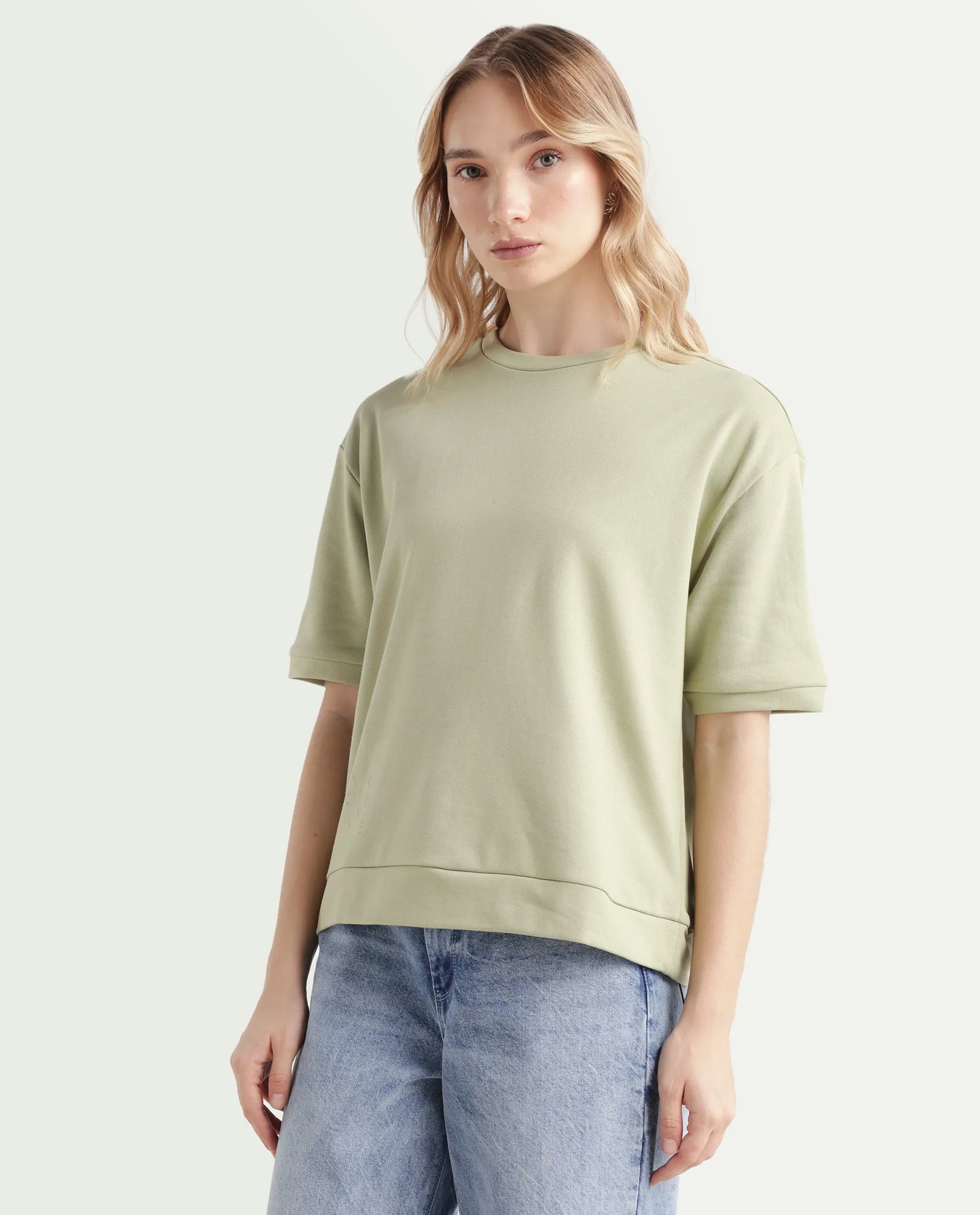 Rareism Women's Medium Weight Terry 290 Gsm Cotton Crew Neck Plain Relaxed Fit Sweat Tee