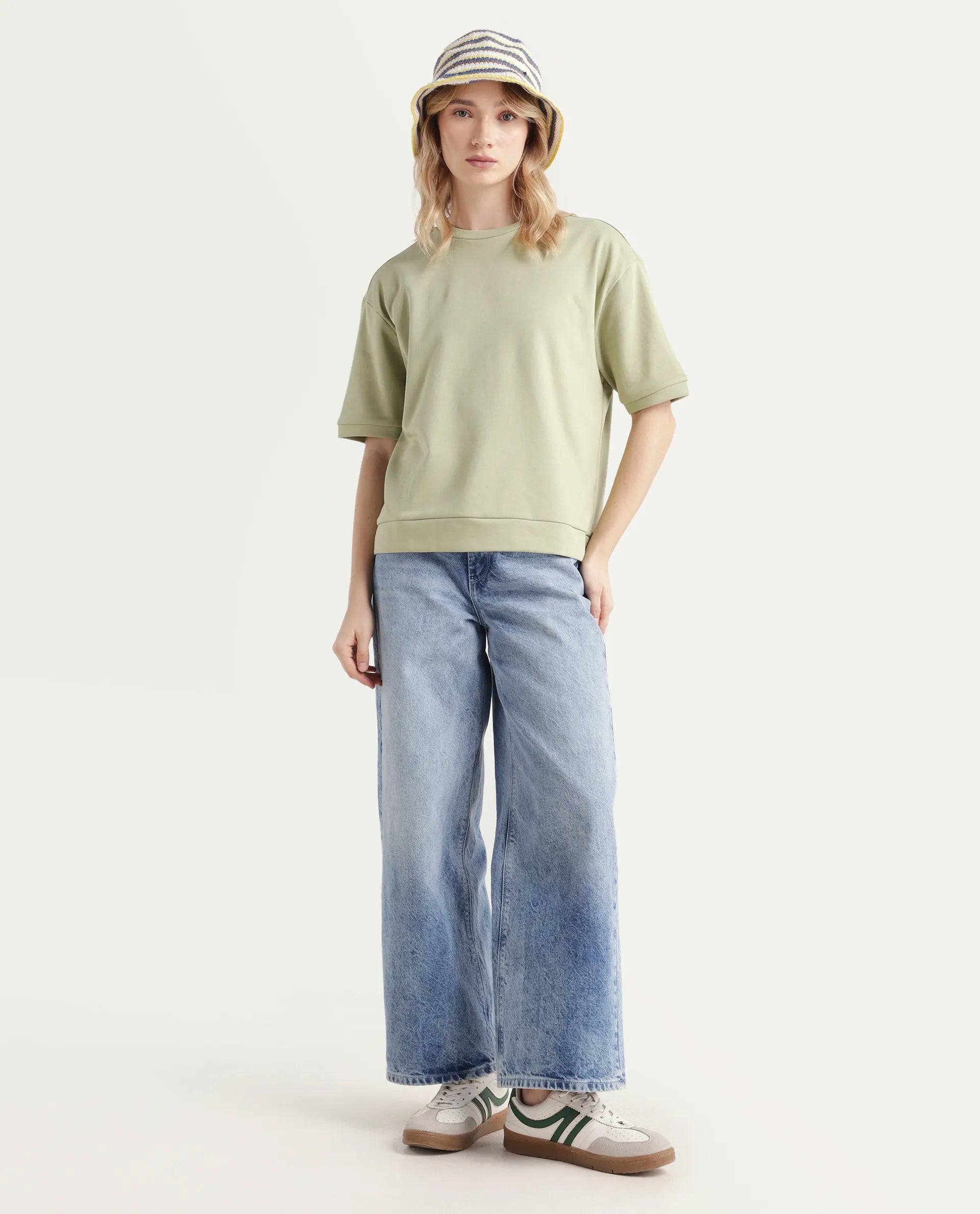 Rareism Women's Medium Weight Terry 290 Gsm Cotton Crew Neck Plain Relaxed Fit Sweat Tee