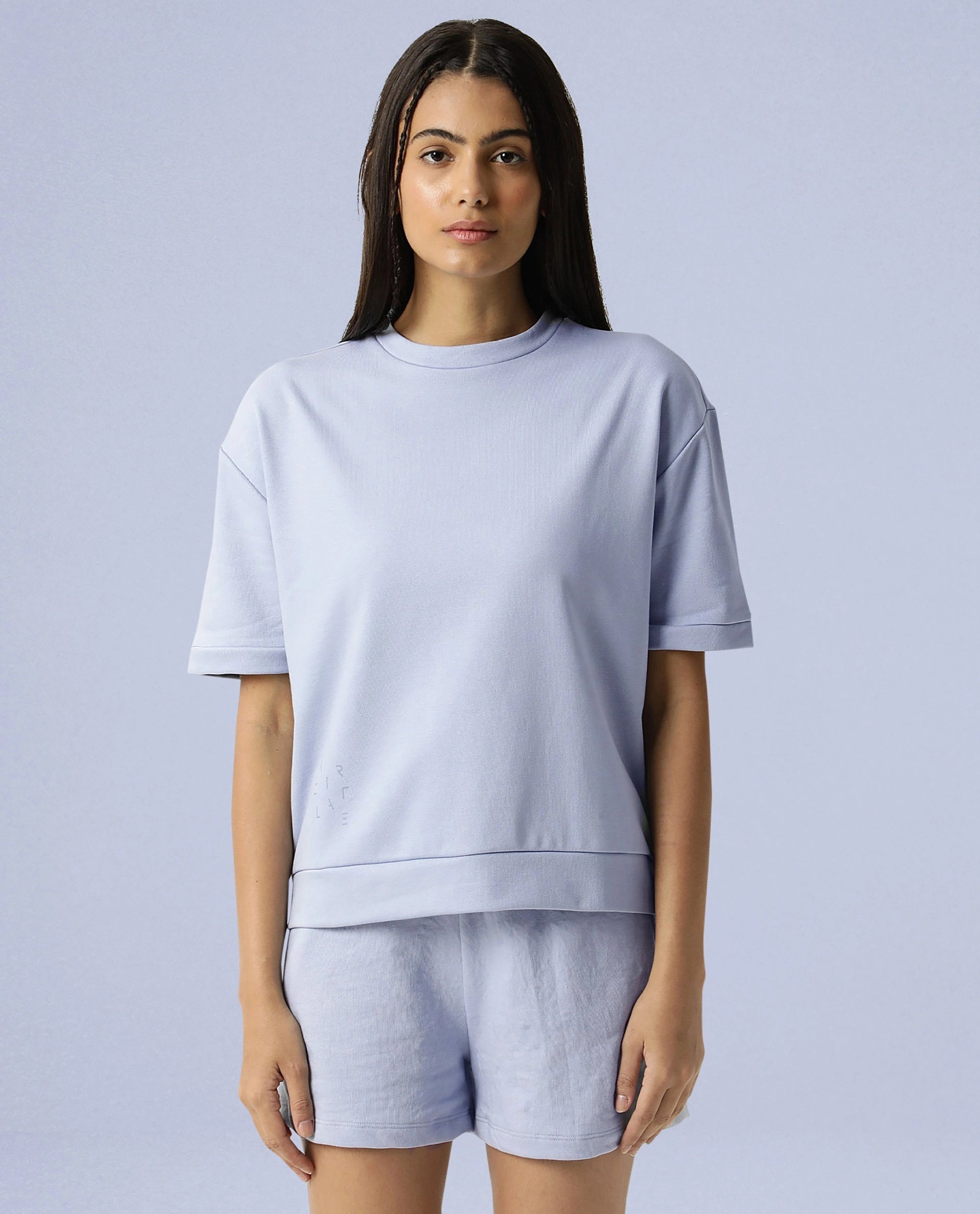 Rareism Women Coco Light Blue Cotton Fabric Half Sleeves Relaxed Fit Solid Round Neck Sweat Tee