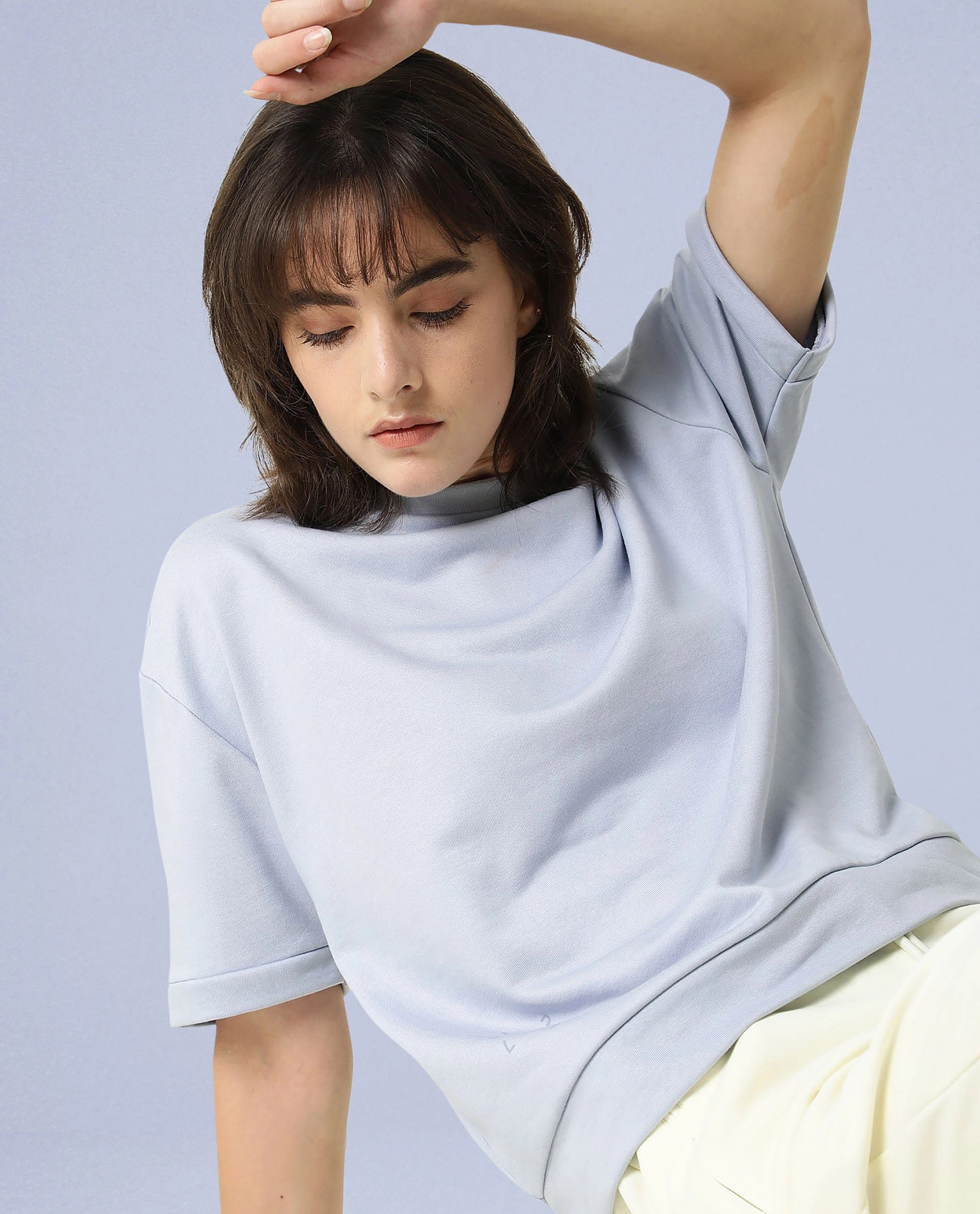 Rareism Women Coco Light Blue Cotton Fabric Half Sleeves Relaxed Fit Solid Round Neck Sweat Tee