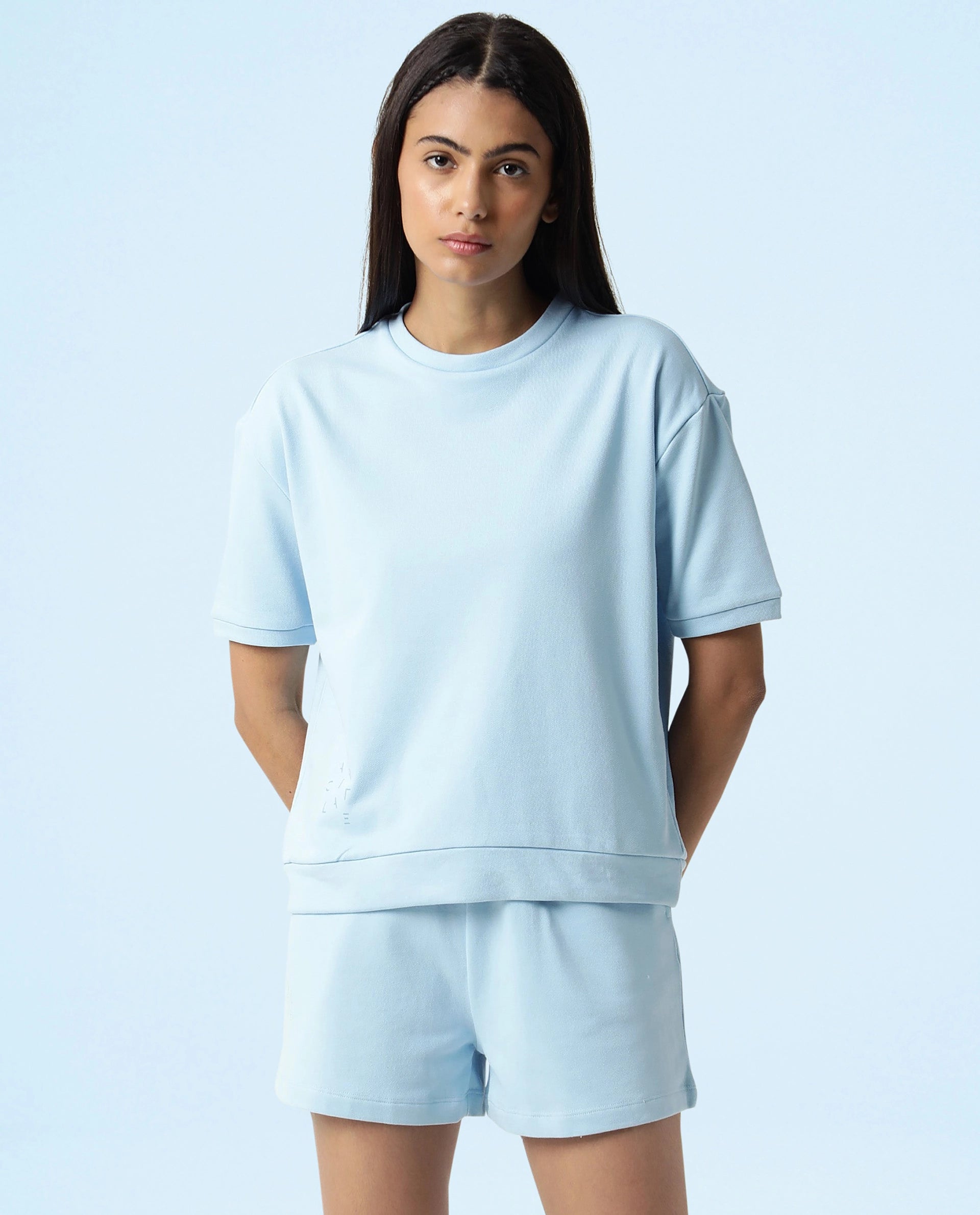 Rareism Women Coco Blue Cotton Fabric Half Sleeves Relaxed Fit Solid Round Neck Sweat Tee