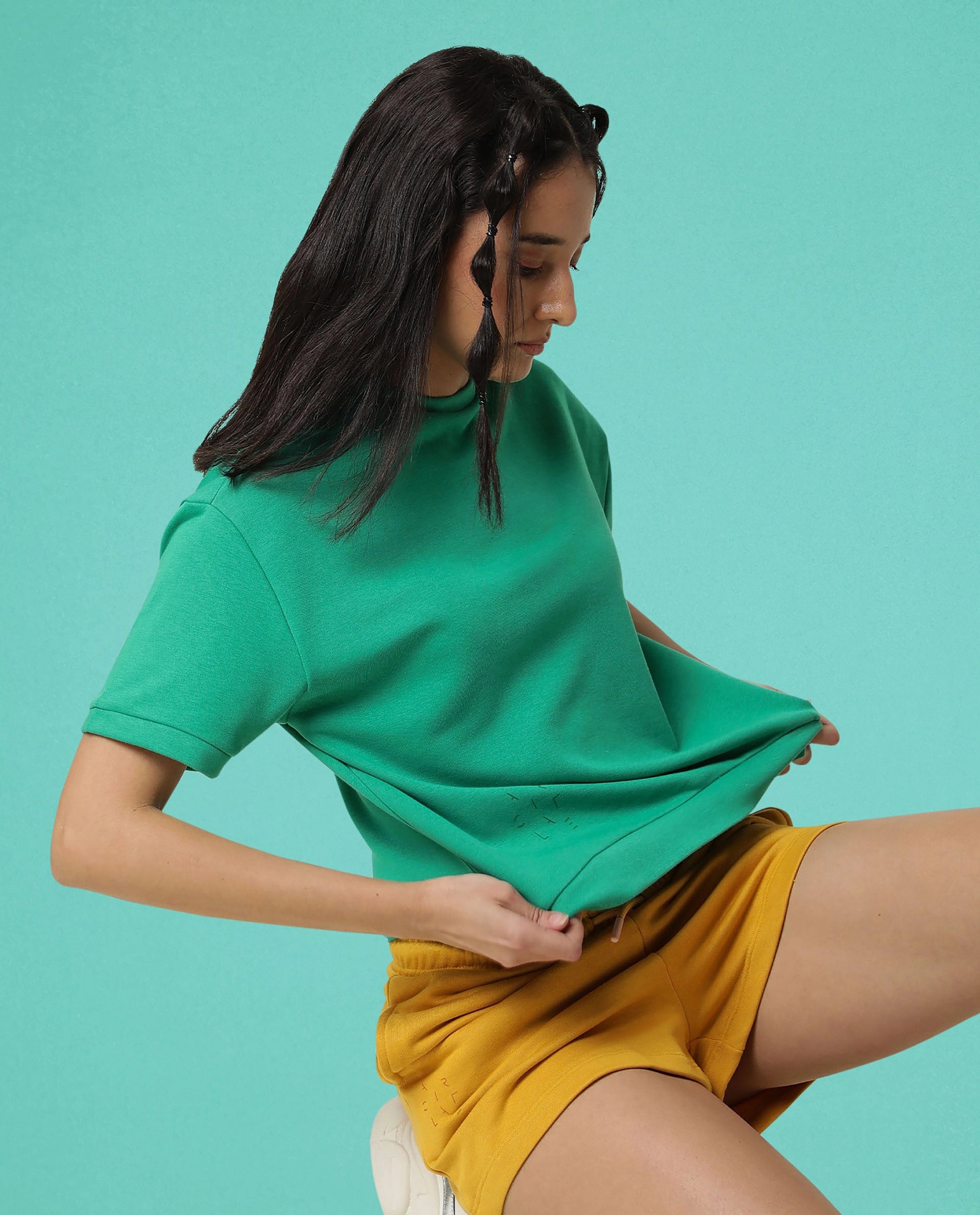 Rareism Women Coco Green Cotton Fabric Half Sleeves Relaxed Fit Solid Round Neck Sweat Tee