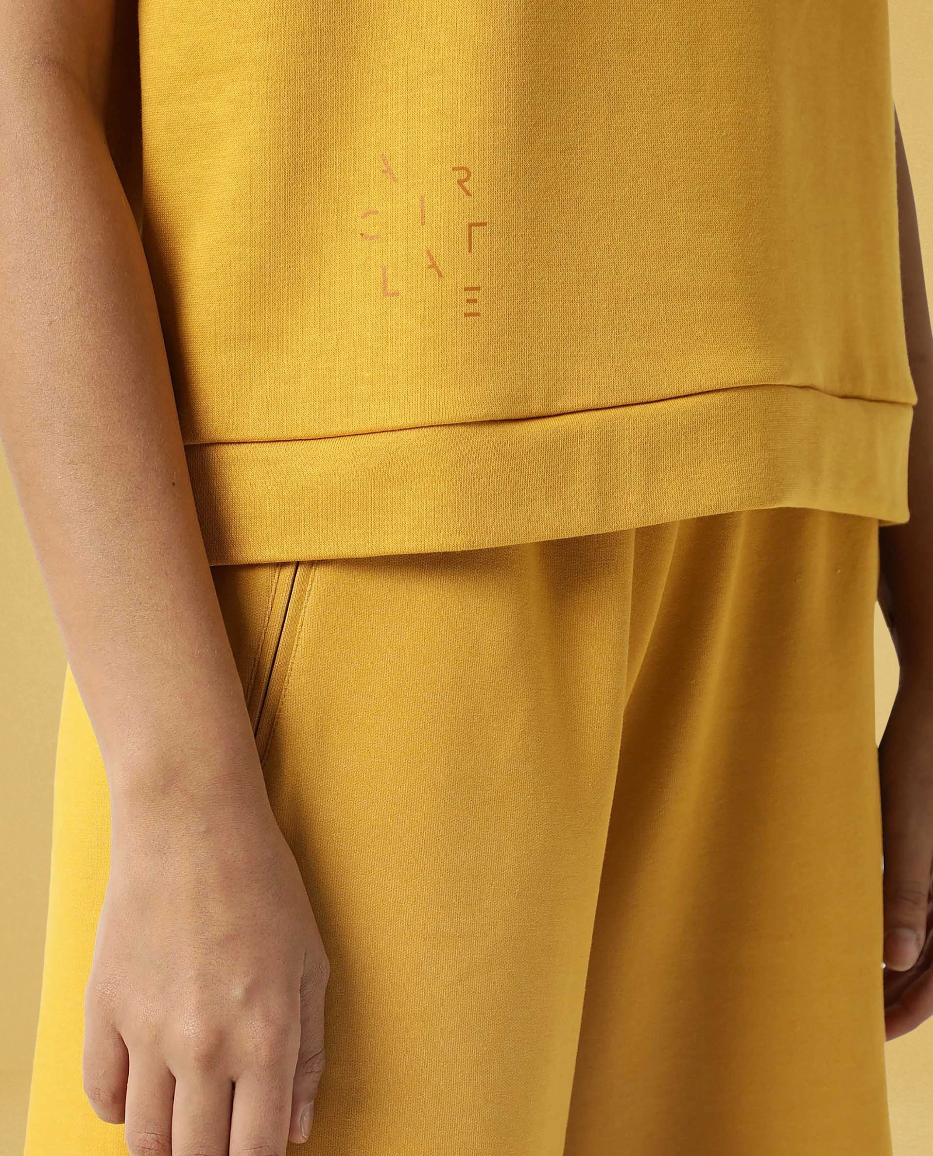 Rareism Women Coco Mustard Cotton Fabric Half Sleeves Relaxed Fit Solid Round Neck Sweat Tee