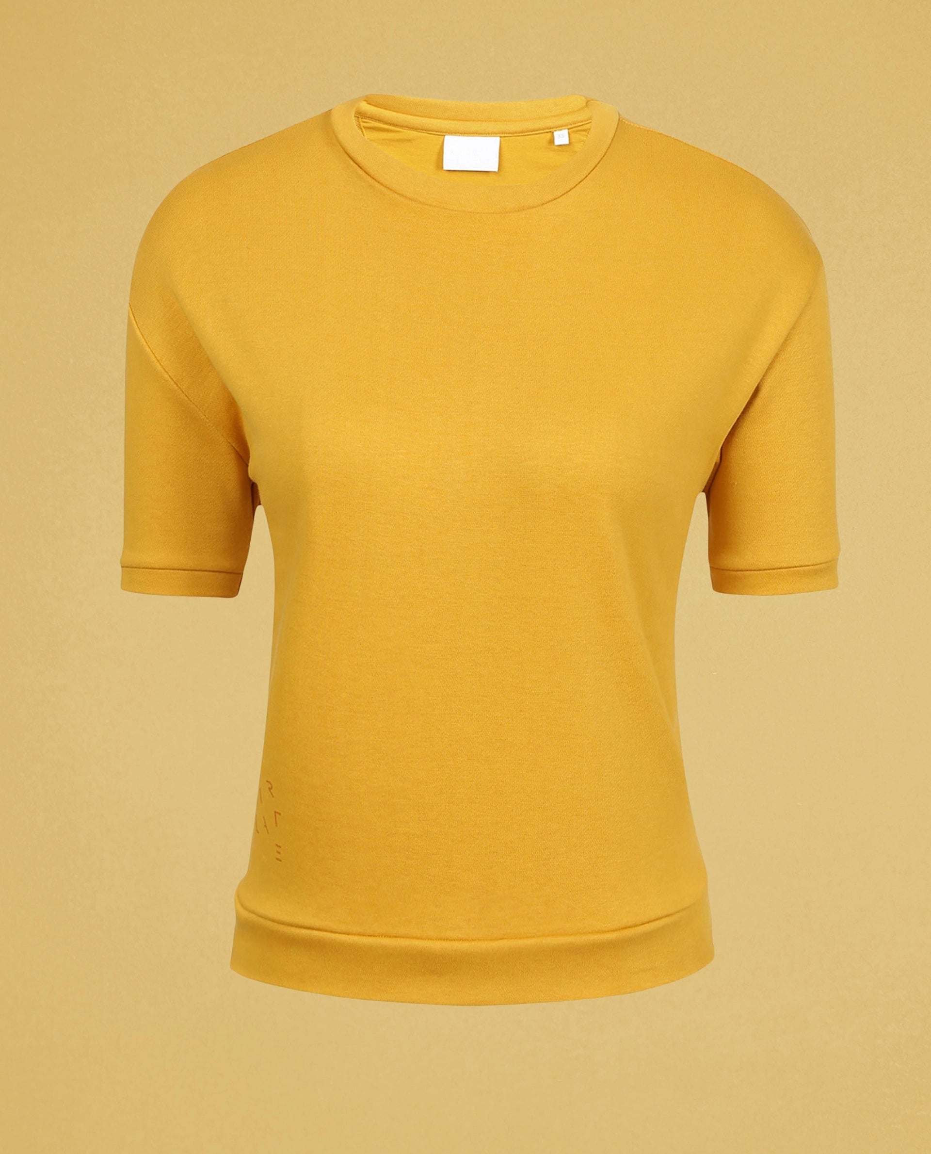 Rareism Women Coco Mustard Cotton Fabric Half Sleeves Relaxed Fit Solid Round Neck Sweat Tee