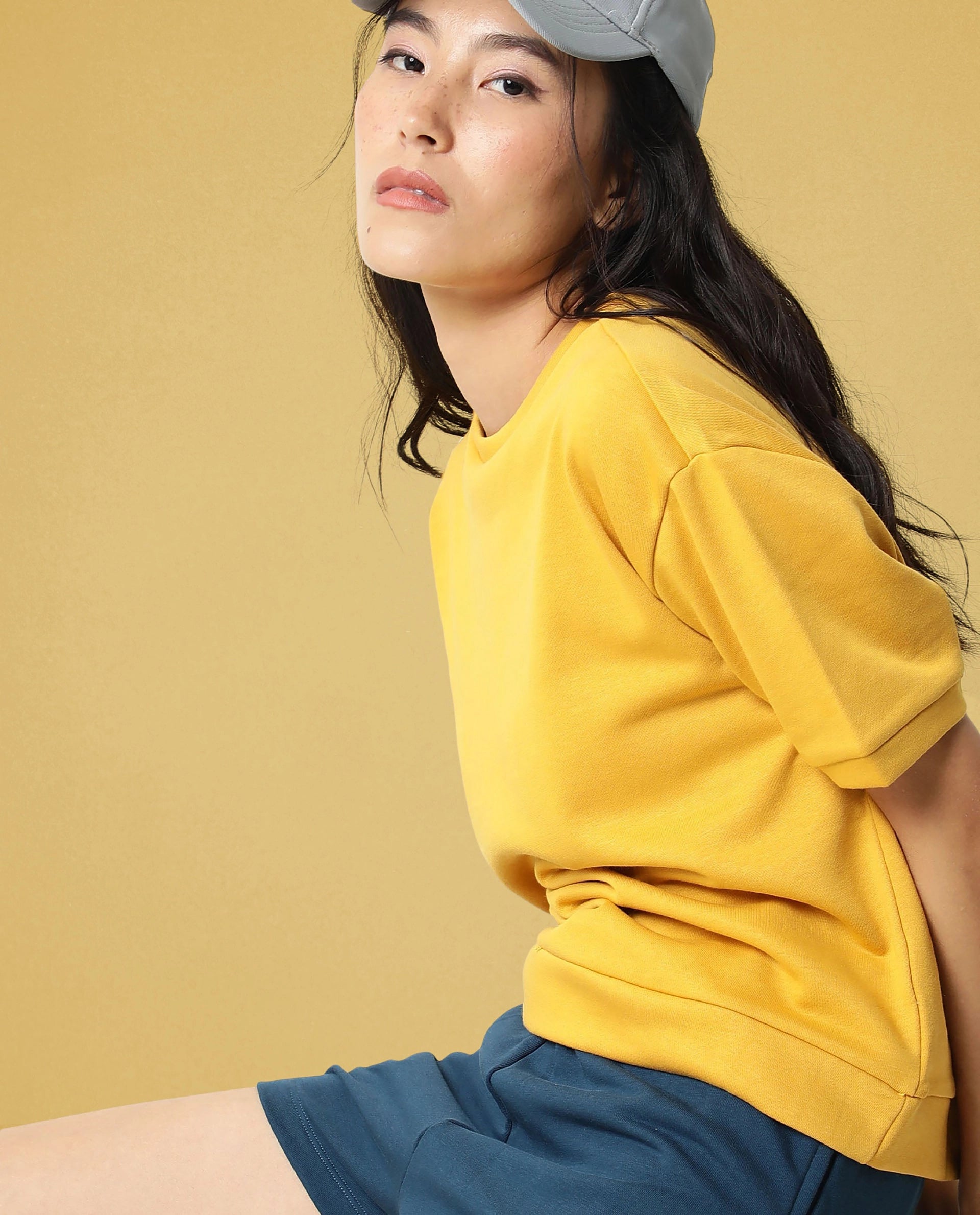 Rareism Women Coco Mustard Cotton Fabric Half Sleeves Relaxed Fit Solid Round Neck Sweat Tee