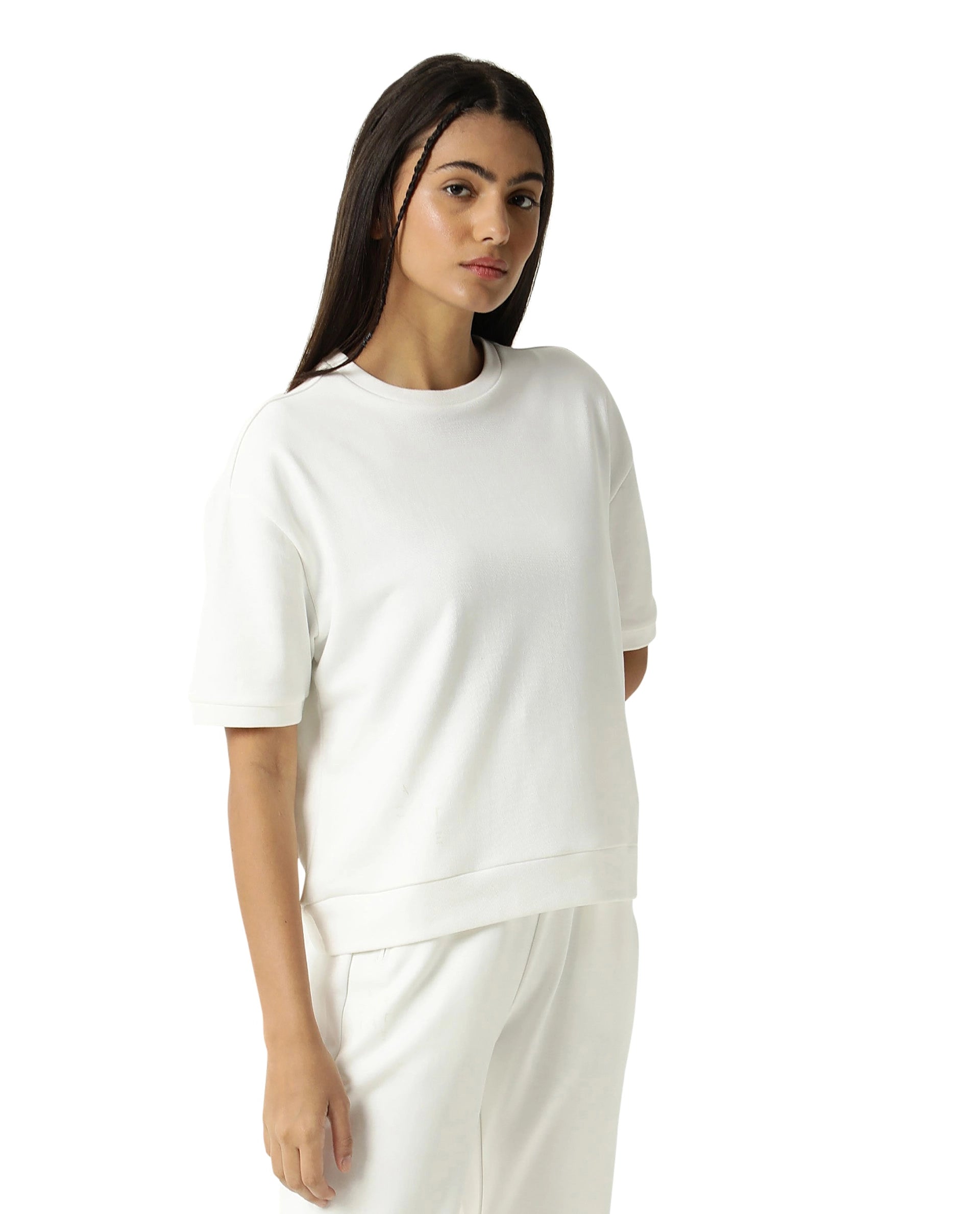 Rareism Women Coco Off White Cotton Fabric Half Sleeves Relaxed Fit Solid Round Neck Sweat Tee