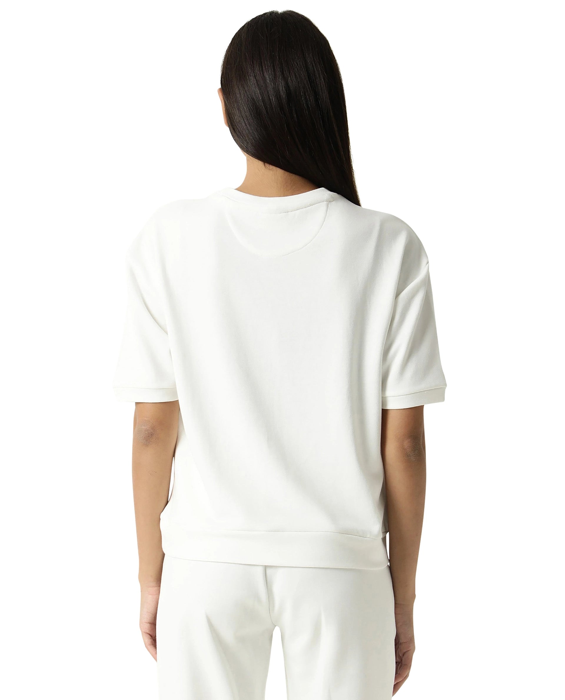 Rareism Women Coco Off White Cotton Fabric Half Sleeves Relaxed Fit Solid Round Neck Sweat Tee